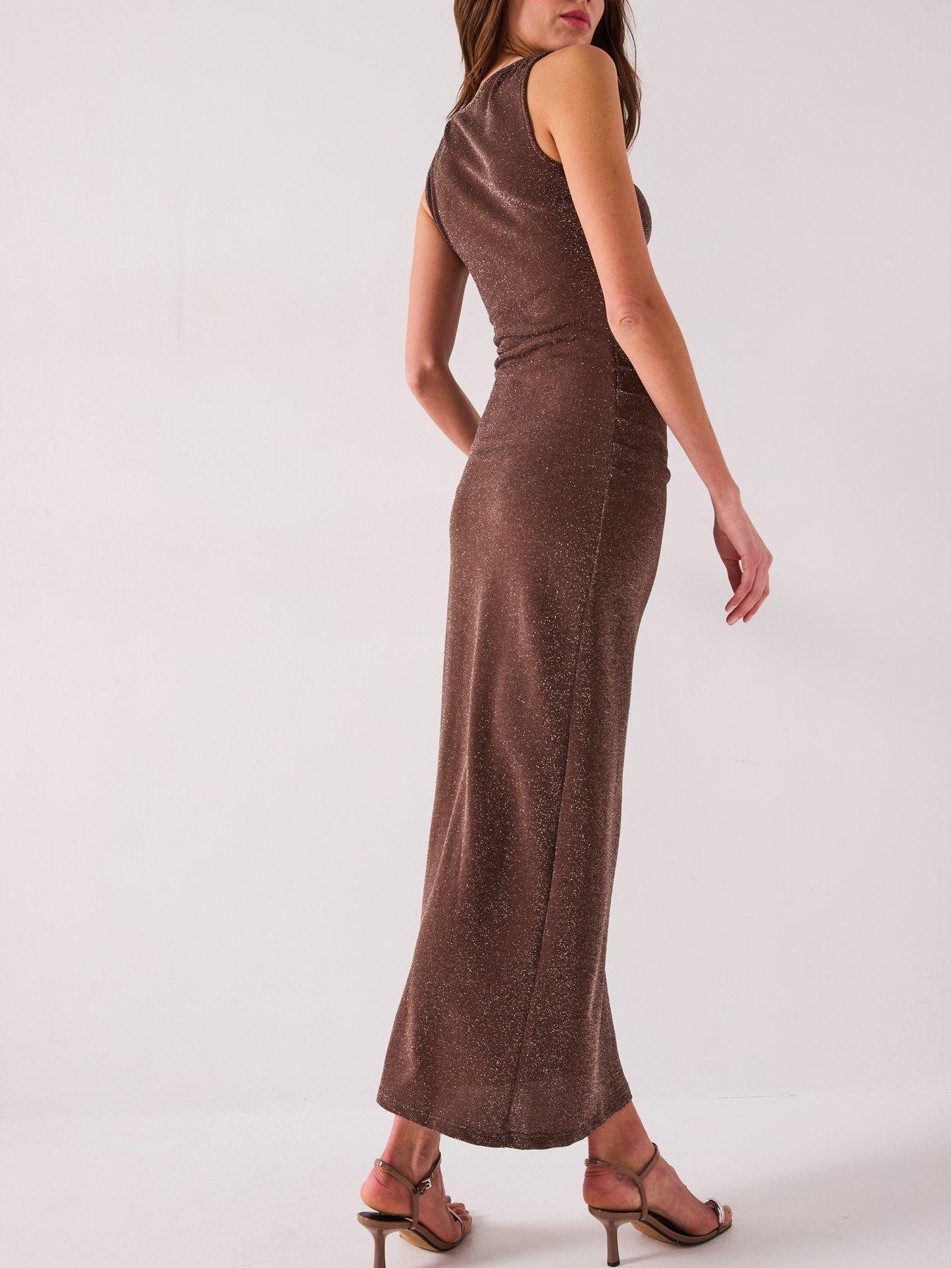 Image 5 of 6 of V by Very Slash Neck Lurex Column Dress - Brown