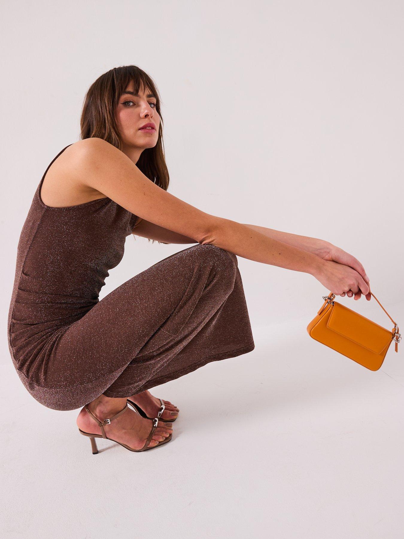 Image 6 of 6 of V by Very Slash Neck Lurex Column Dress - Brown