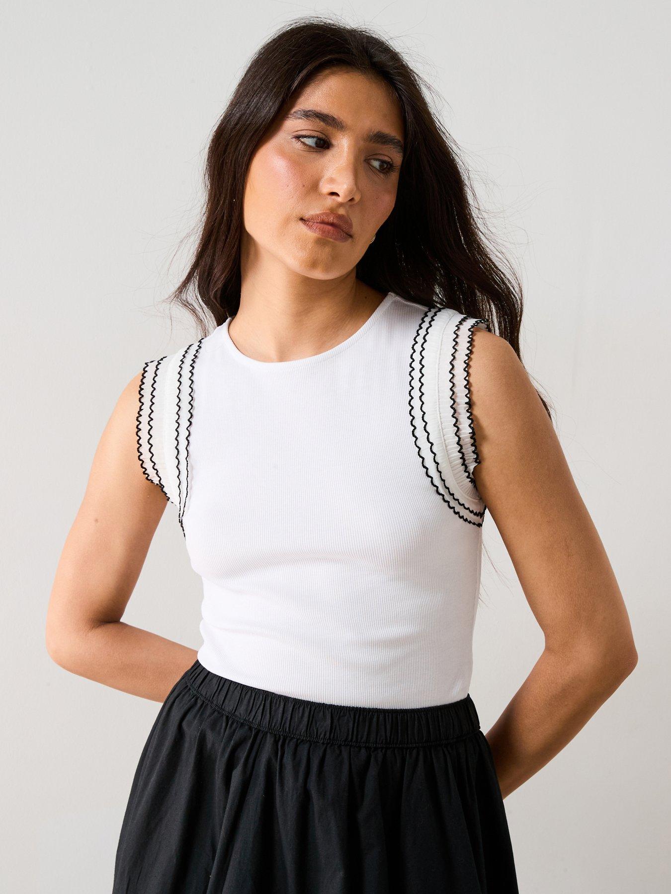 Image of V by Very Frill Trim Rib Vest - White