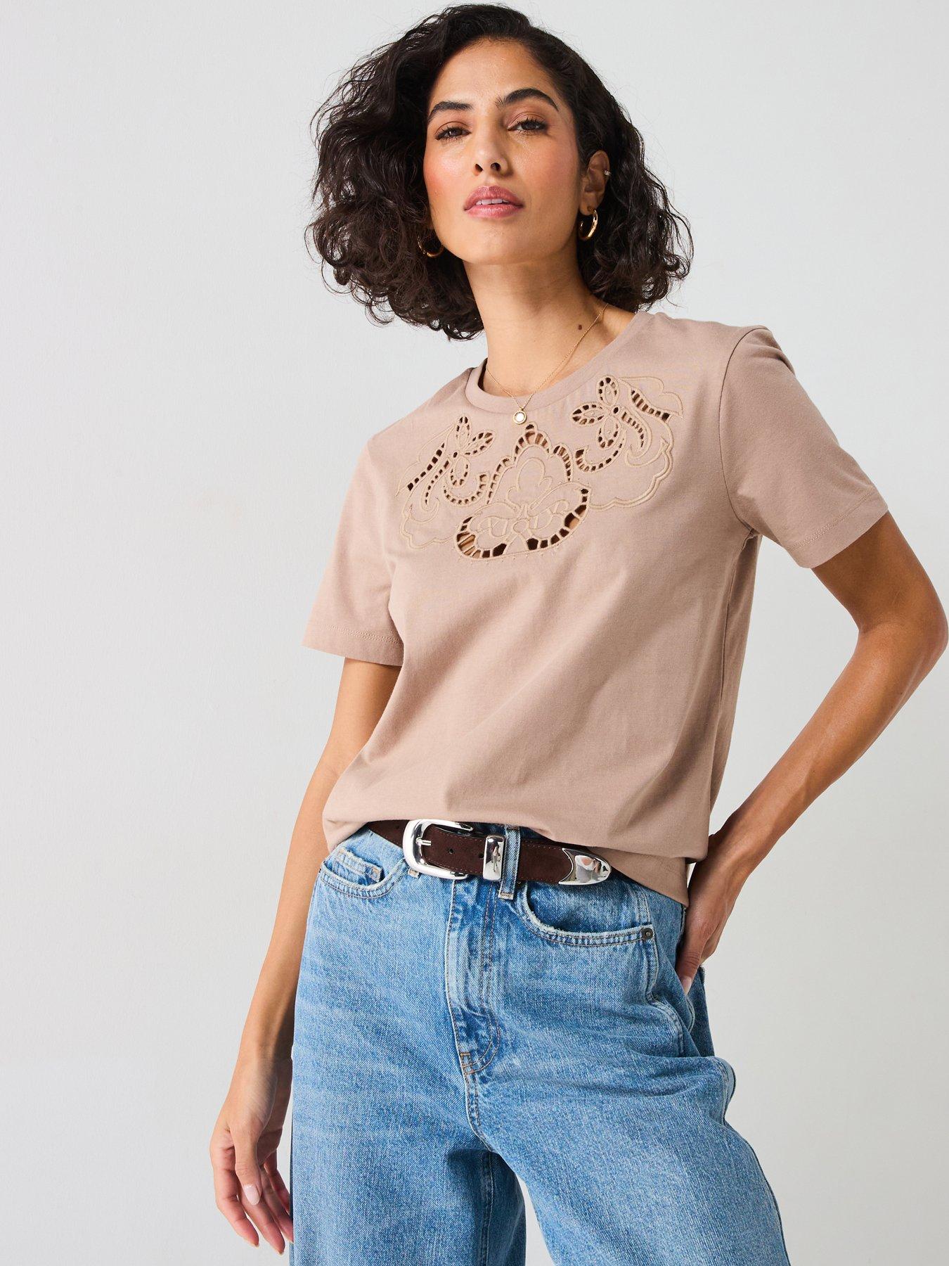 undefined Embroidered Cut Out T-Shirt - Taupe
