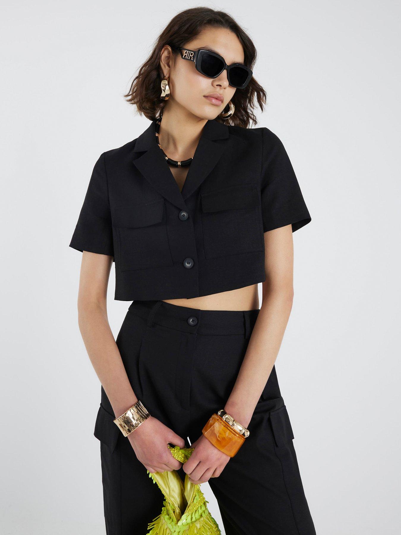 Image 1 of 4 of River Island Cropped Pocket Detail Linen Jacket - Black
