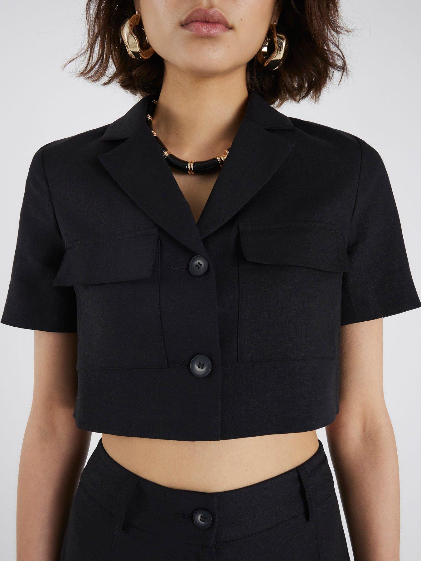 Image 4 of 4 of River Island Cropped Pocket Detail Linen Jacket - Black