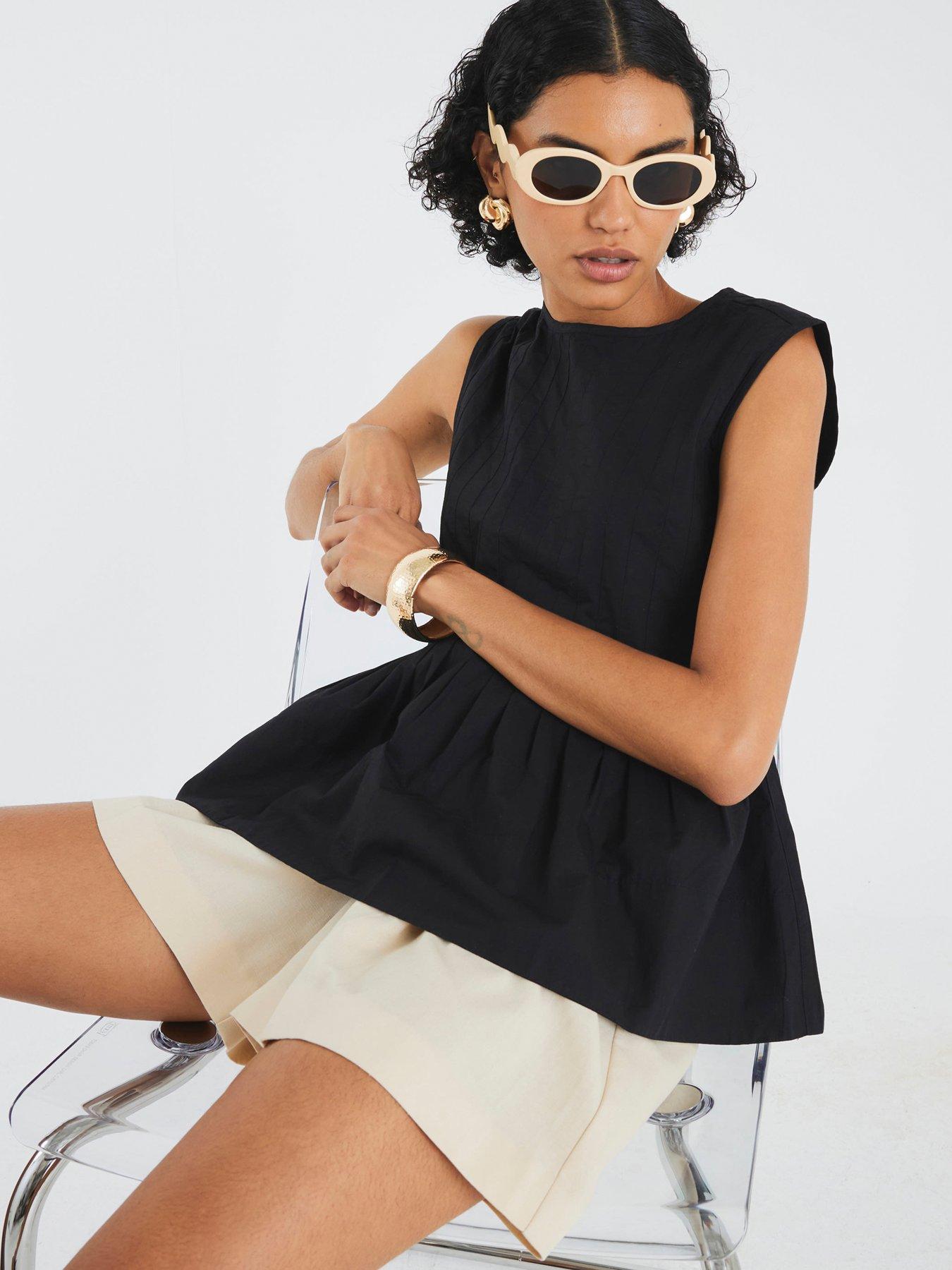 Image 1 of 6 of River Island Poplin Shirred Top - Black