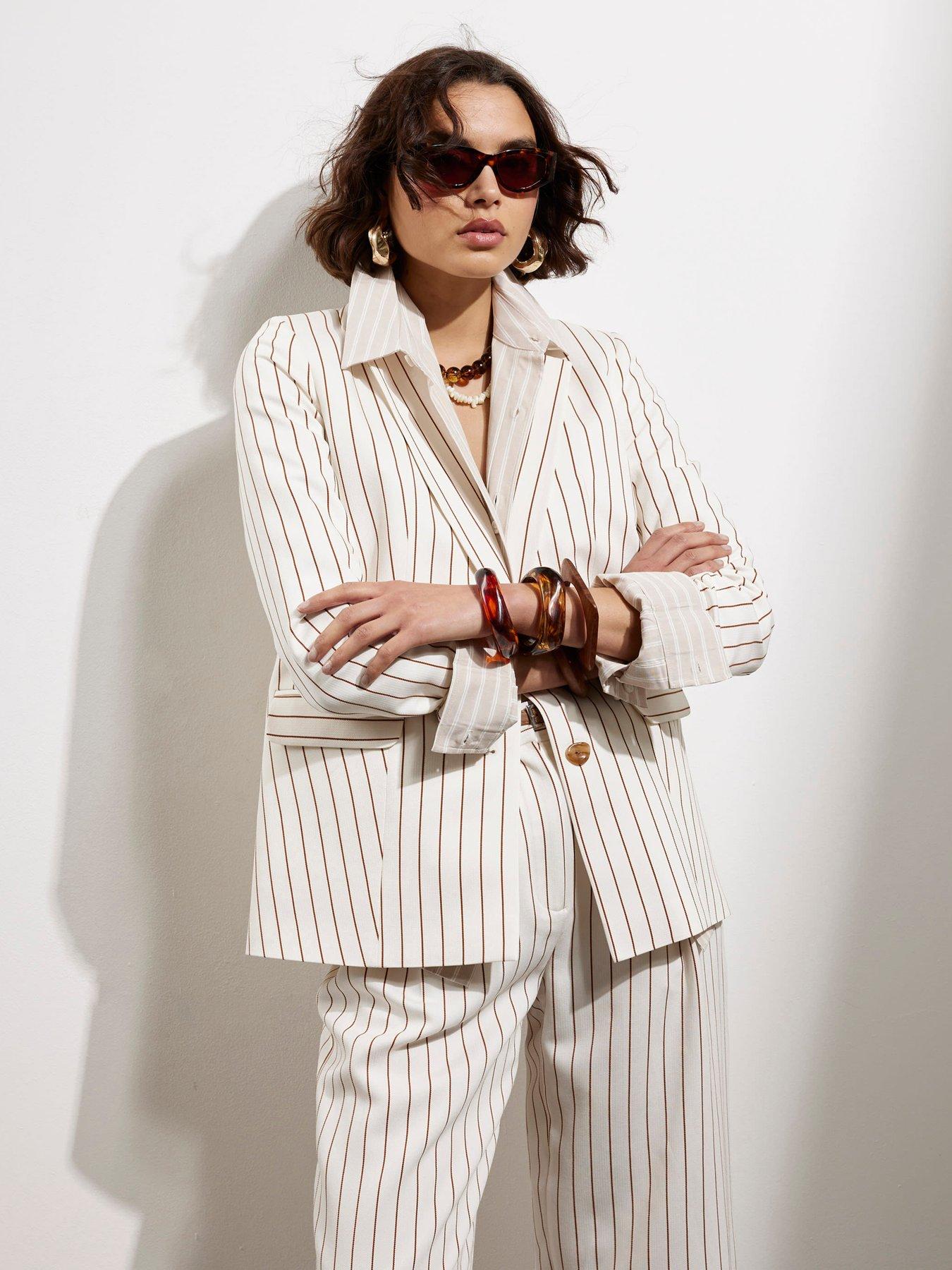 Image 1 of 4 of River Island Stripe Oversized Blazer - White