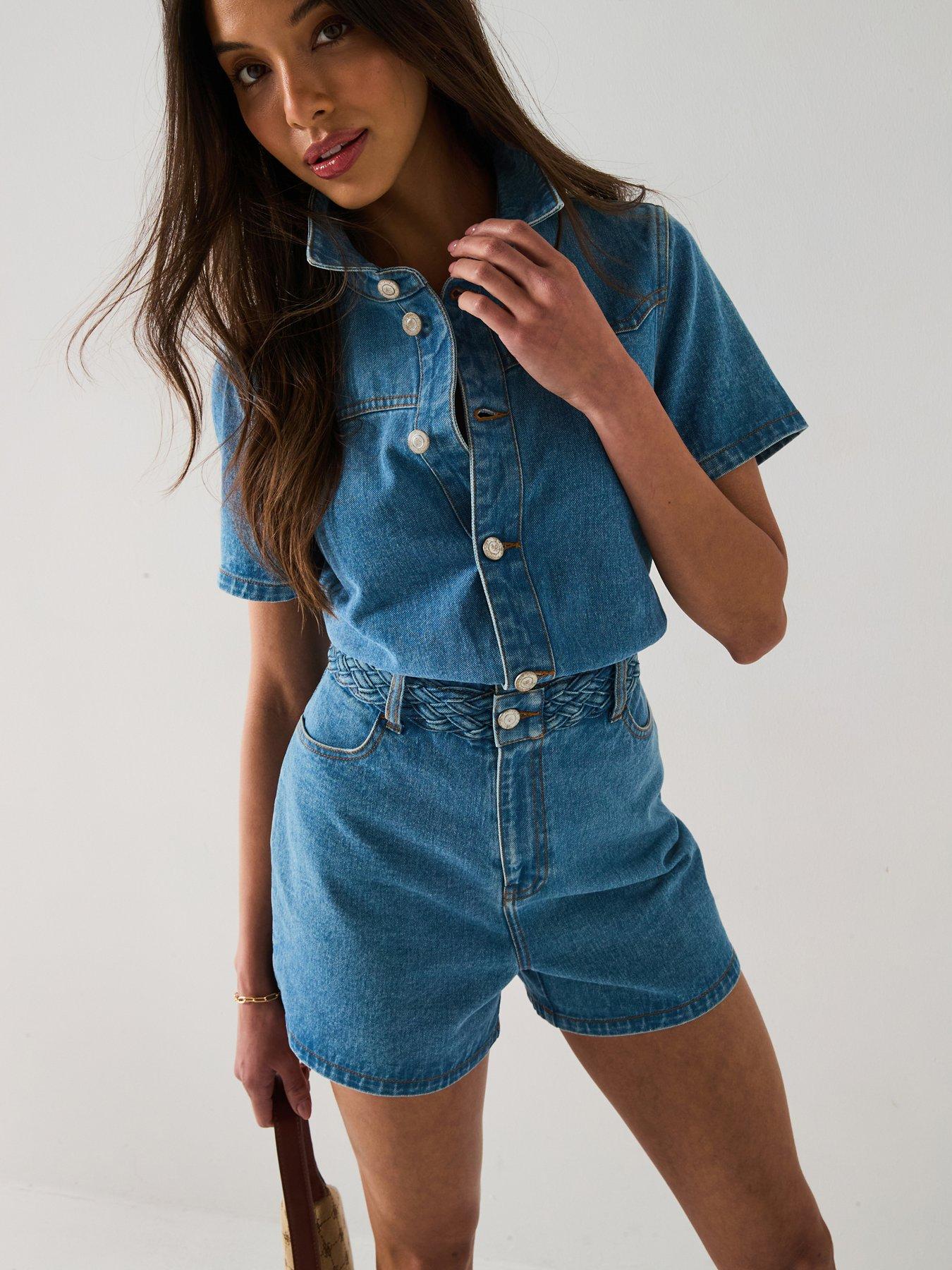 undefined Plaited Waist Denim Playsuit - Mid Wash