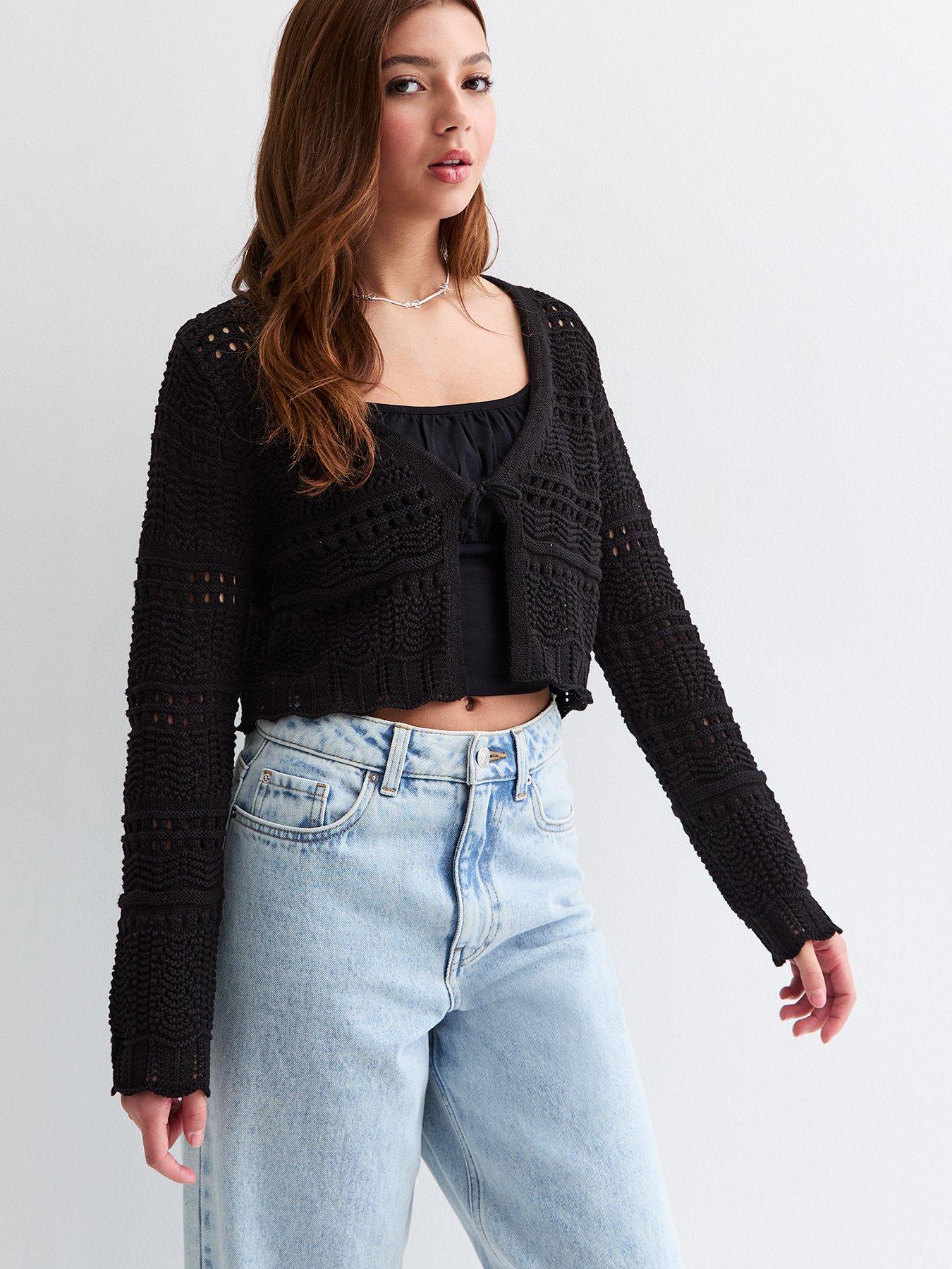 new-look-915-girls-black-tie-front-crochet-cardiganbr-nbsp