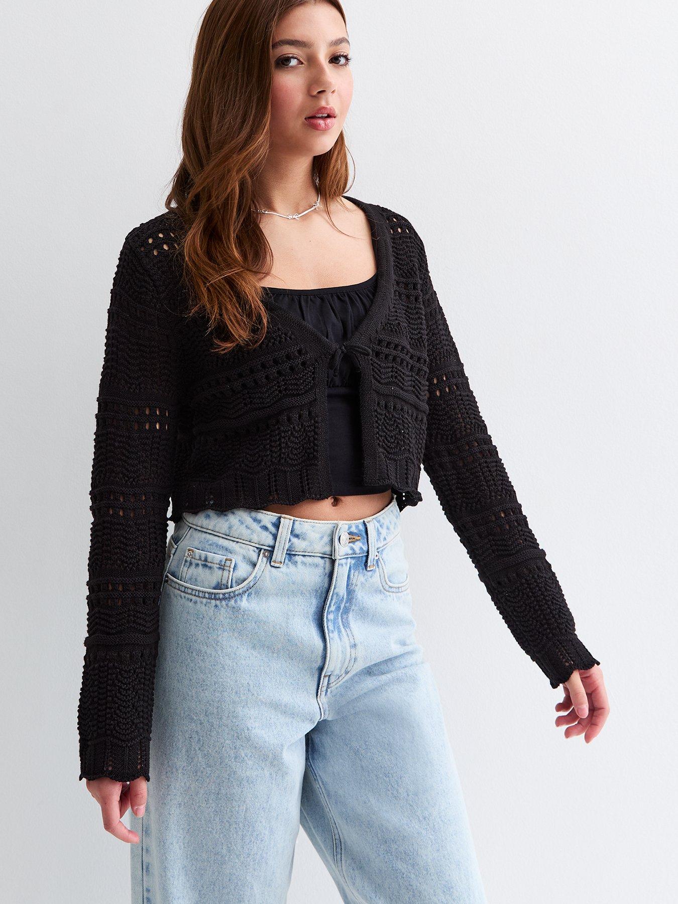 undefined Girls Black Tie Front Crochet Cardigan
