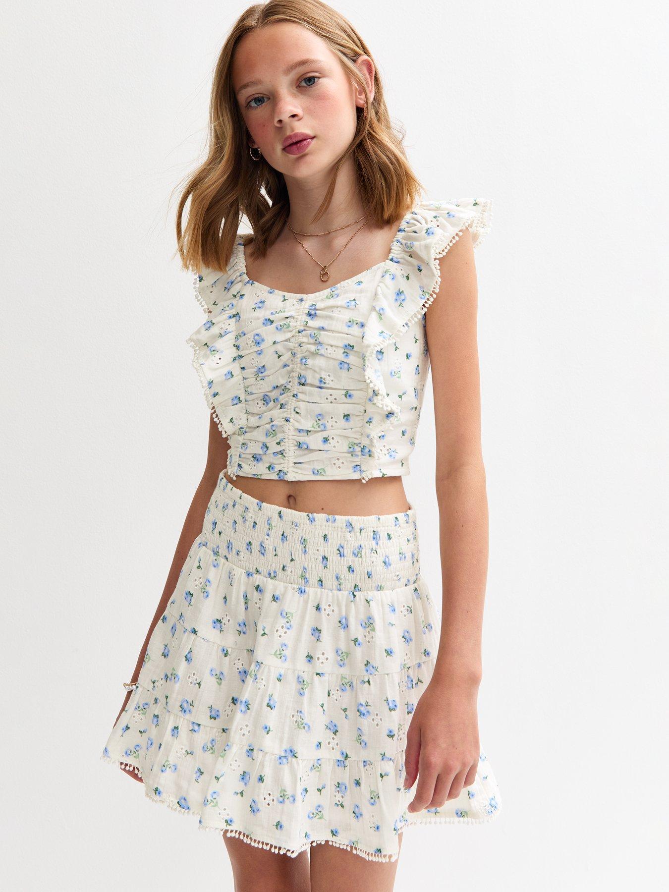 undefined Girls White Ditsy Print Broderie Embroidered Rara Skort