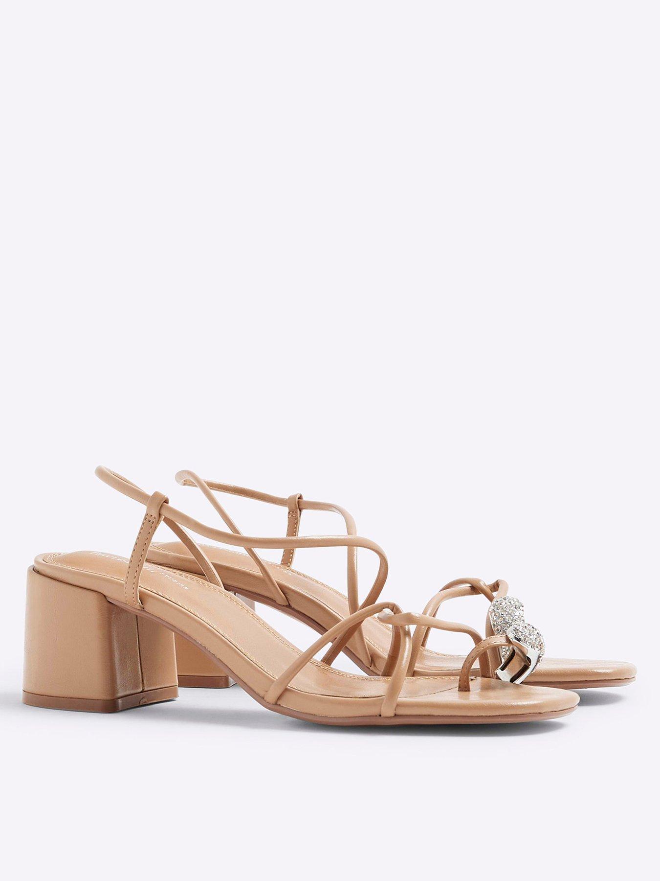 Image 4 of 6 of River Island Diamante Toe Loop Block Heel - Light Beige