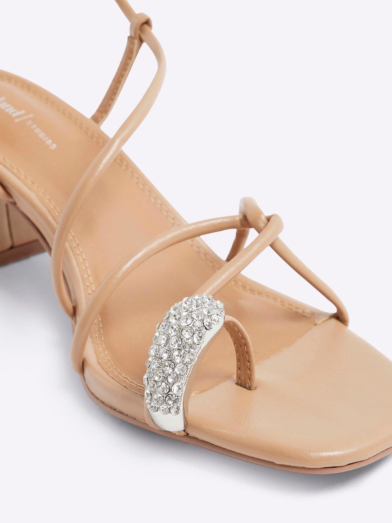 Image 6 of 6 of River Island Diamante Toe Loop Block Heel - Light Beige