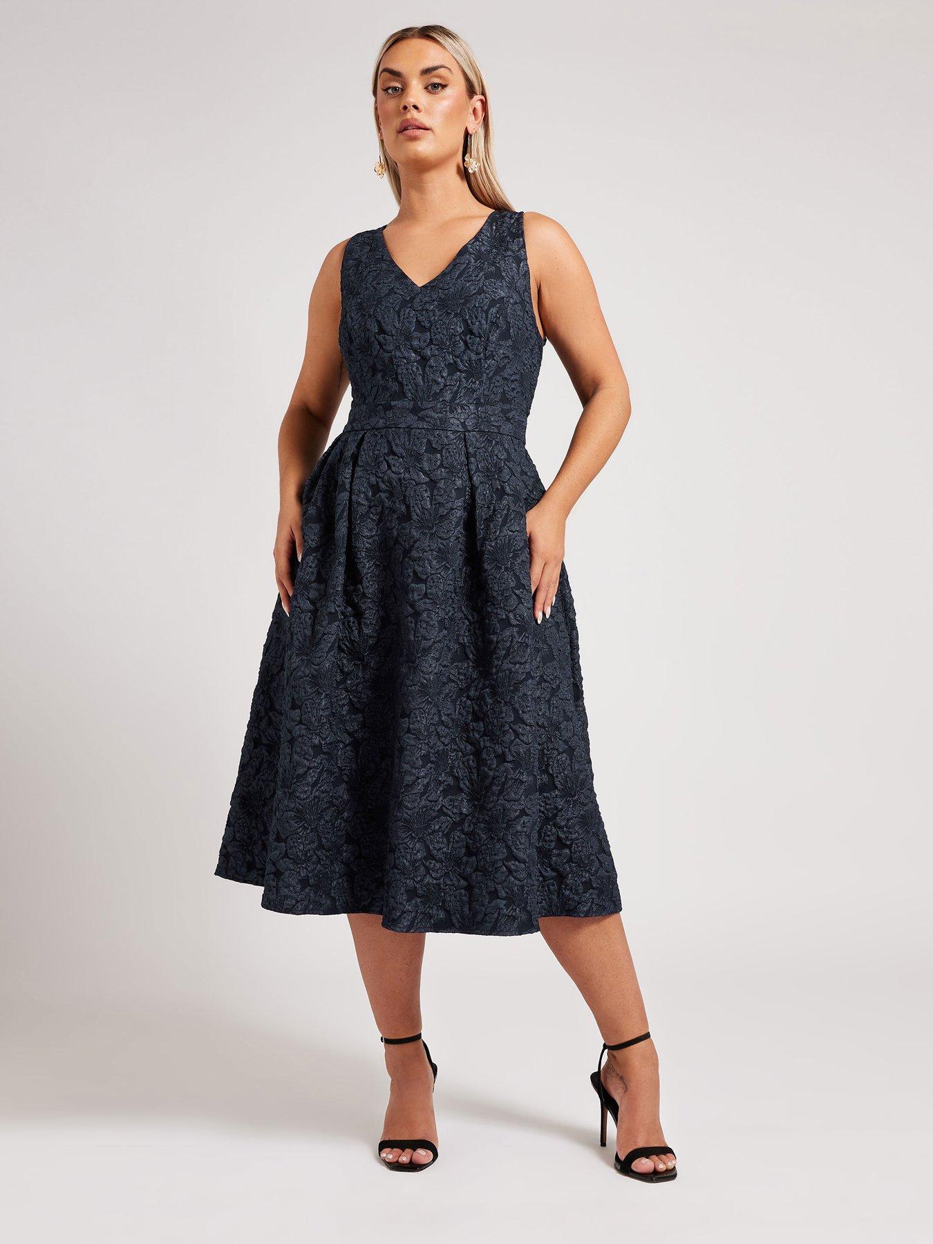 Image of Yours Jacquard V Neck Prom Skater Dress - Black
