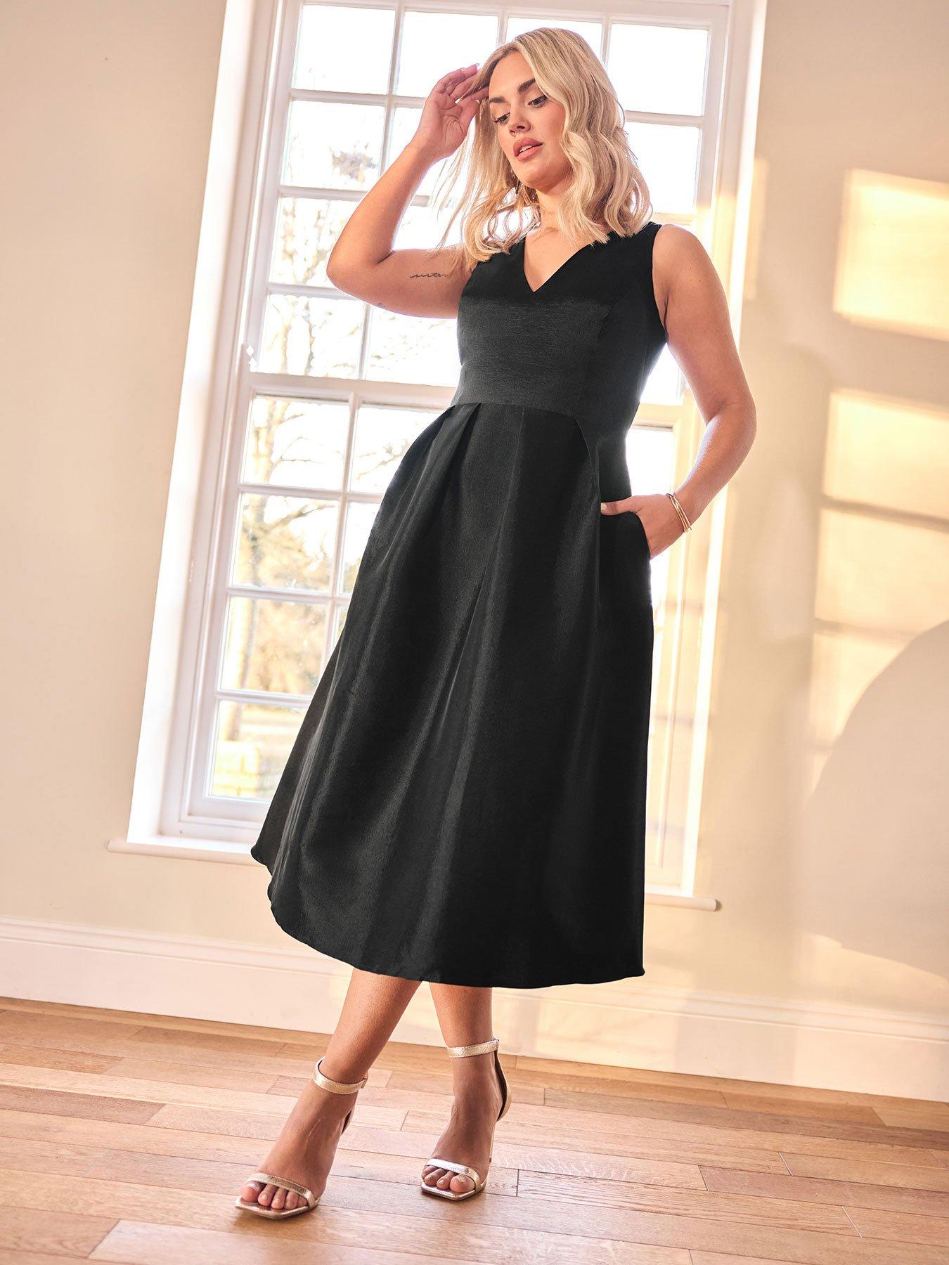 Image 1 of 4 of Yours V Neck Pleated Pocket Dress - Black