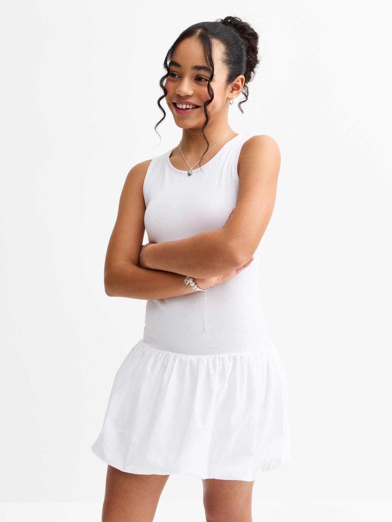 New Look 915 Girls Puff Ball Racerback Ribbed Mini Dress - White