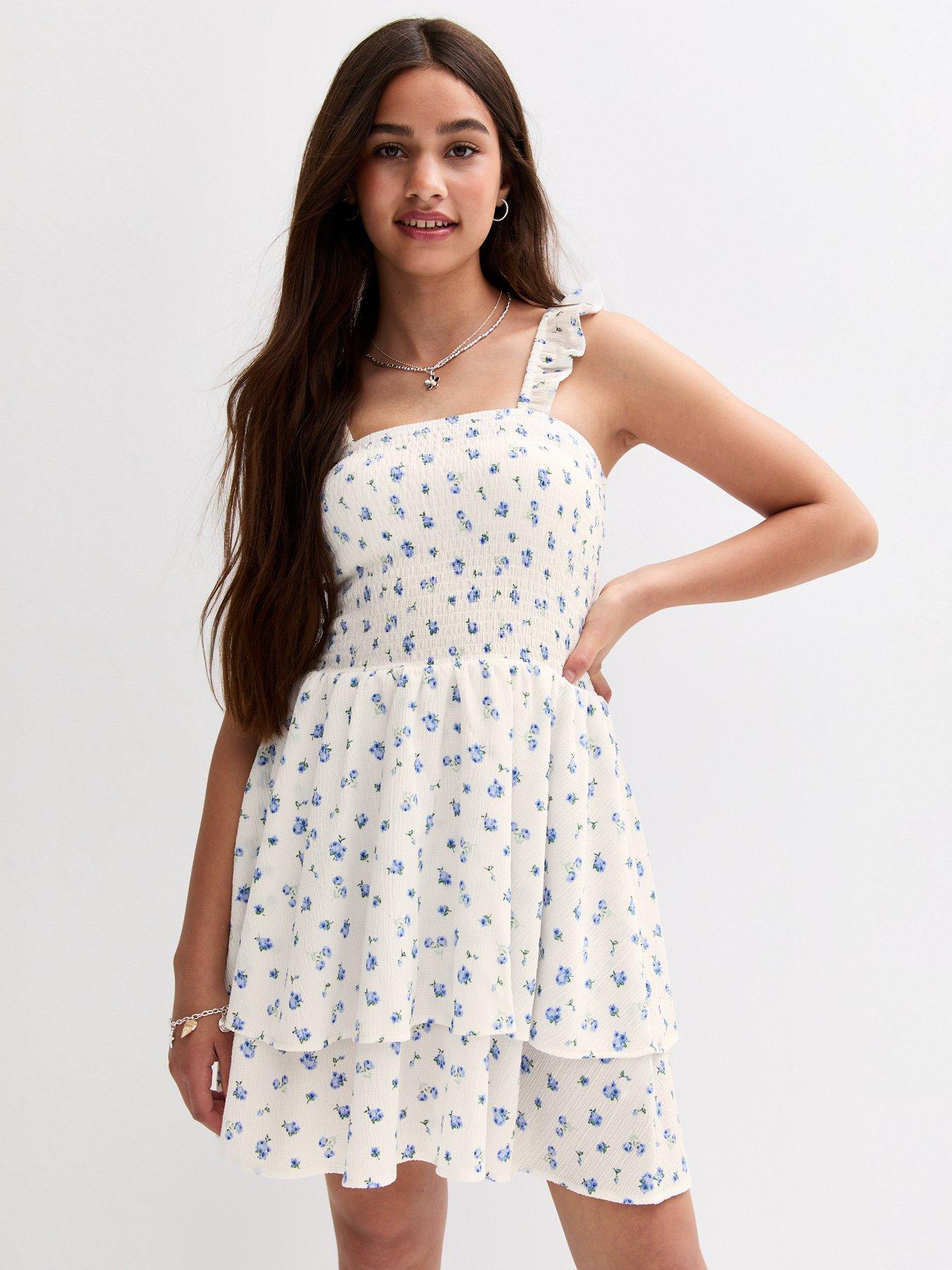 undefined Girls White Floral Print Textured Dress