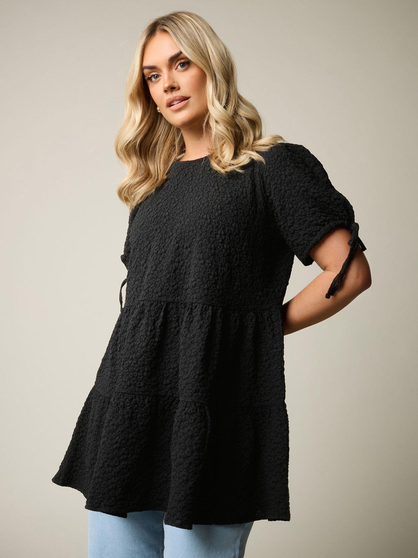 Image 1 of 4 of Yours Textured Ditsy Tiered Smock Top - Black