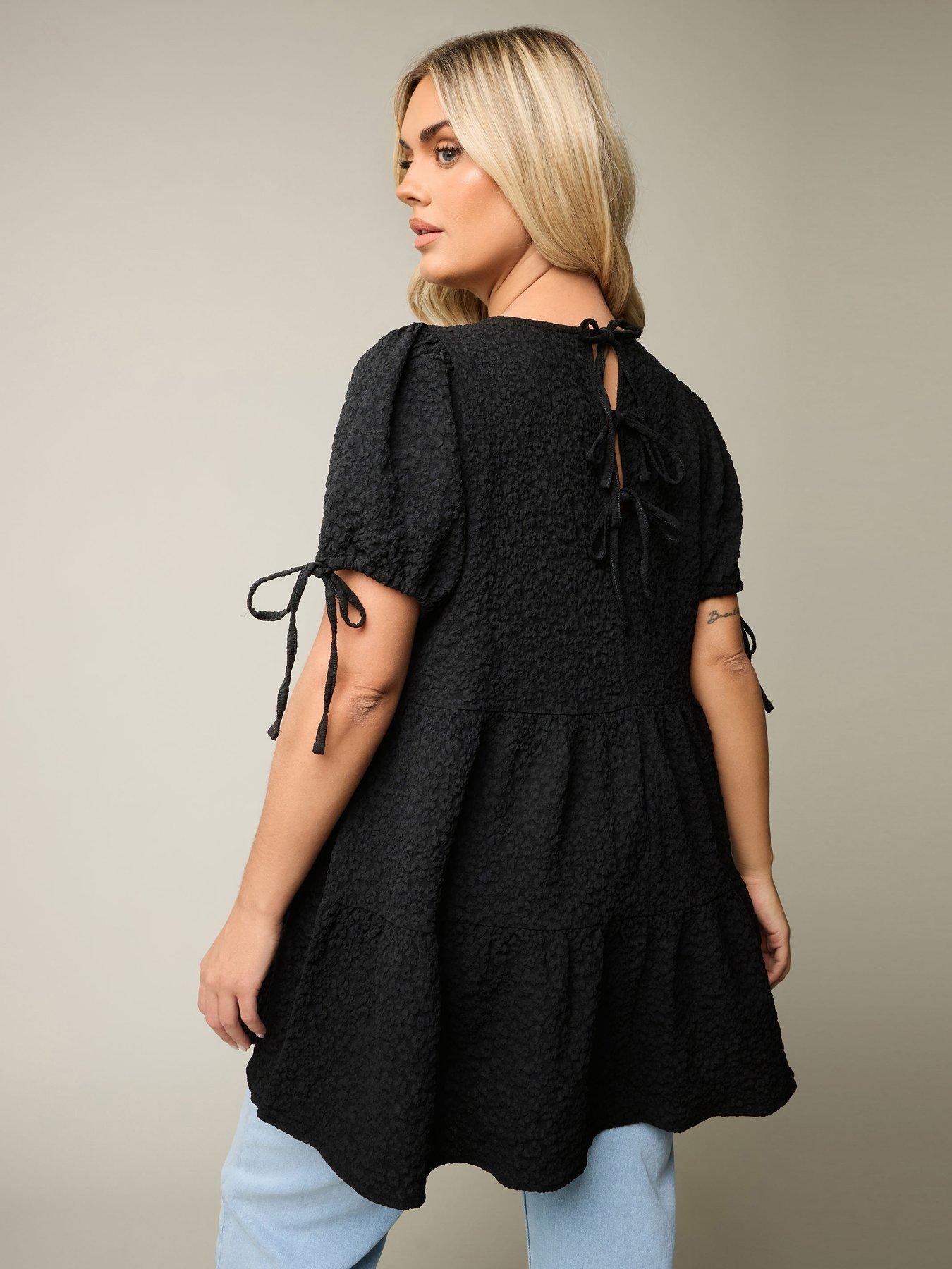 Image 2 of 4 of Yours Textured Ditsy Tiered Smock Top - Black