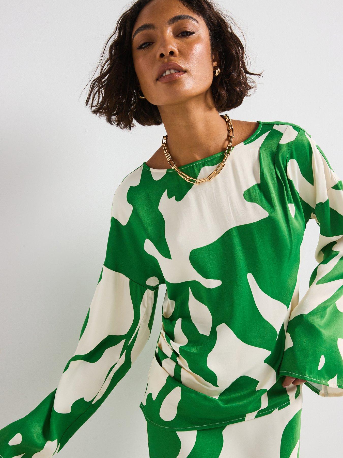 Image 1 of 6 of Rouge Printed Flare Sleeve Top - Green