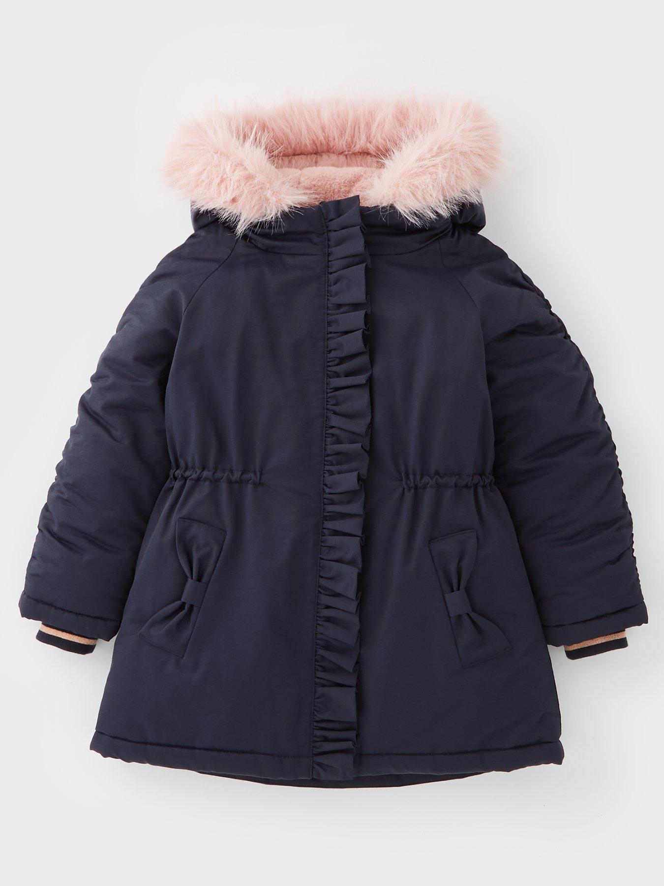 Mini V by Very Girls Fur Hooded Shower Resistant Parka Coat - Navy