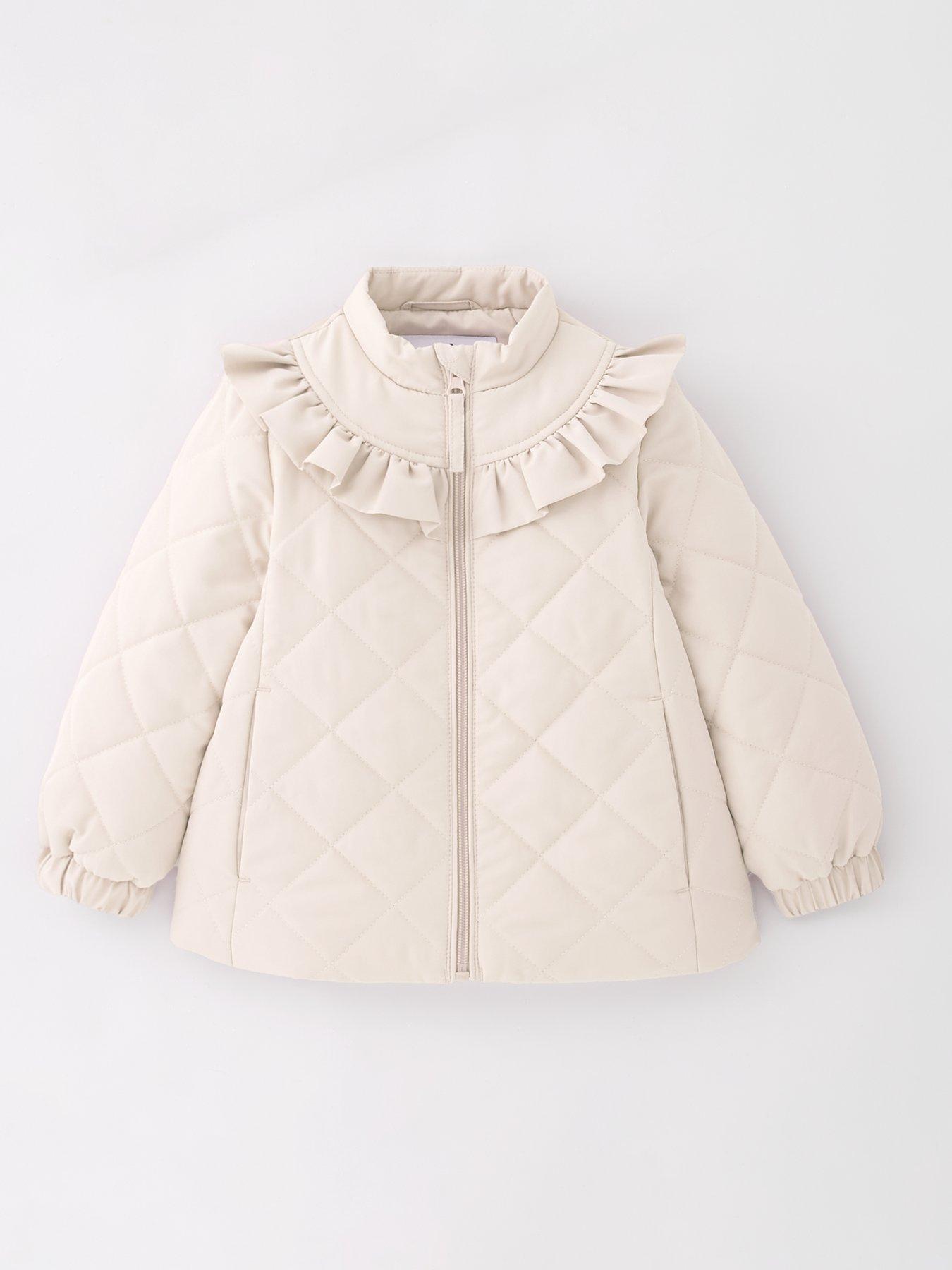 V by Very Girls Quilted Frill Shower Resistant Coat - Cream