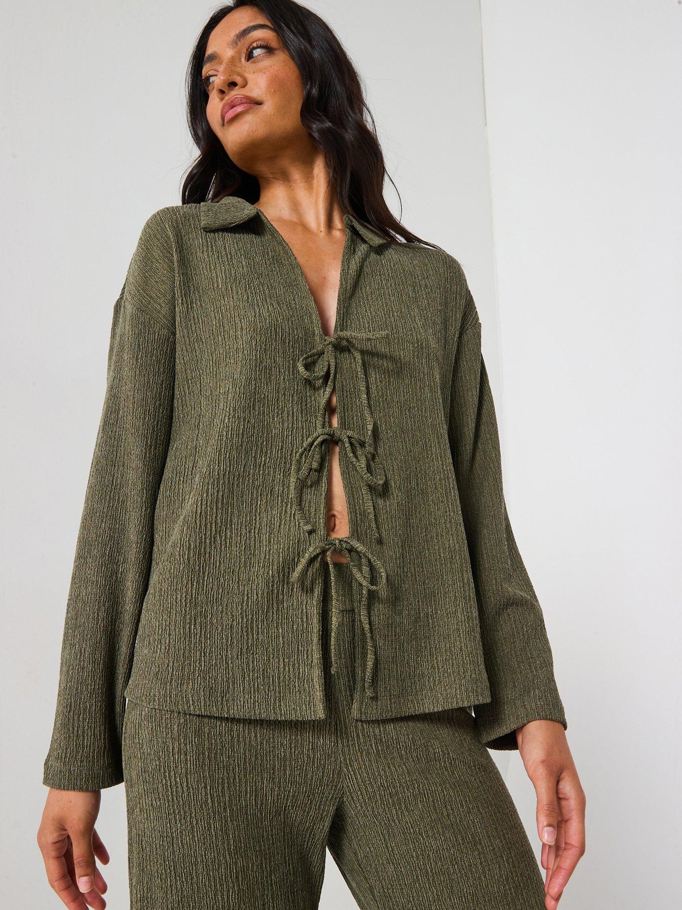V by Very Tie Detail Loose Fit Shirt Co-Ord - Khaki