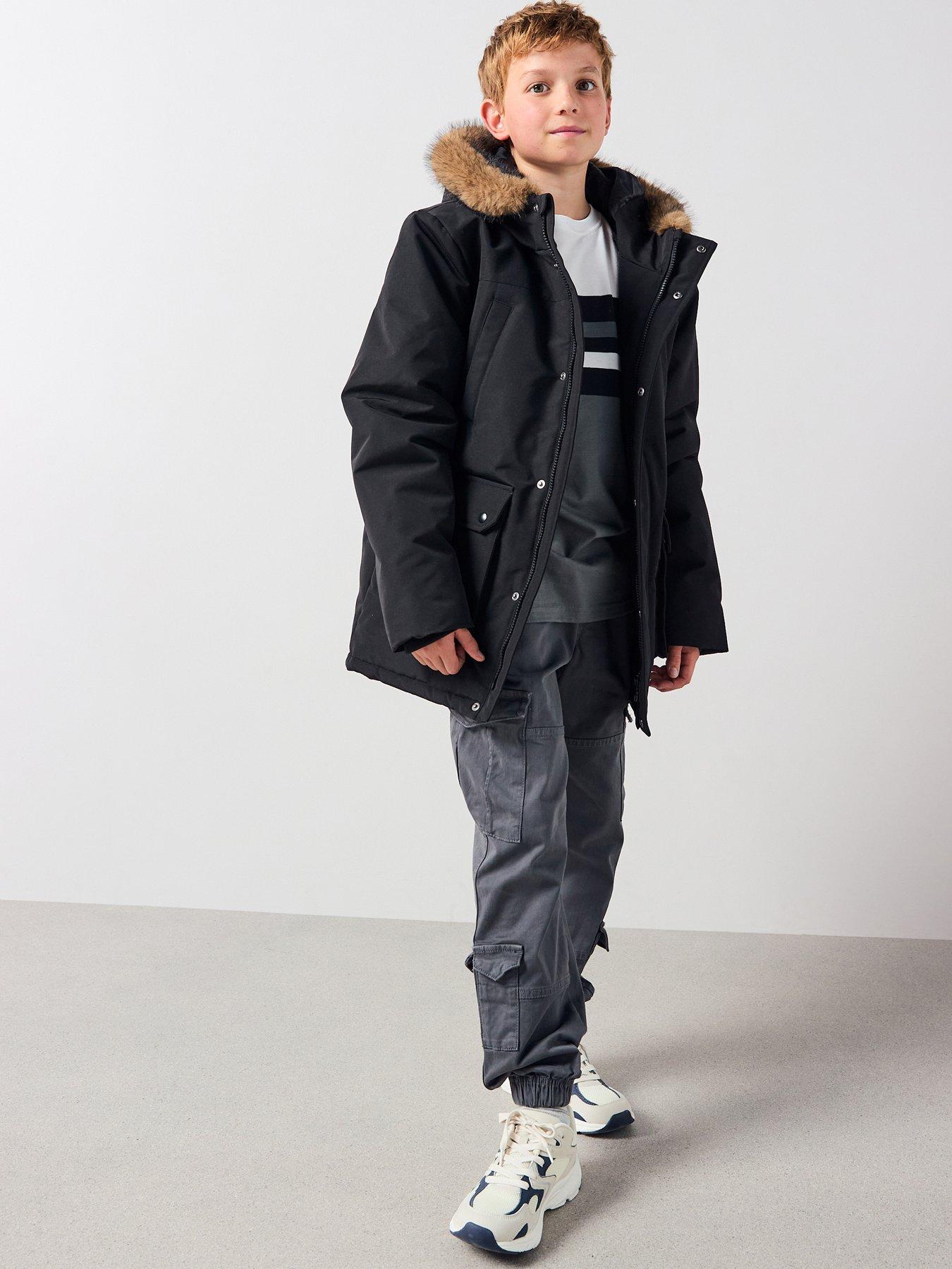 V by Very Boys Faux Fur Trim Hooded Parka - Black