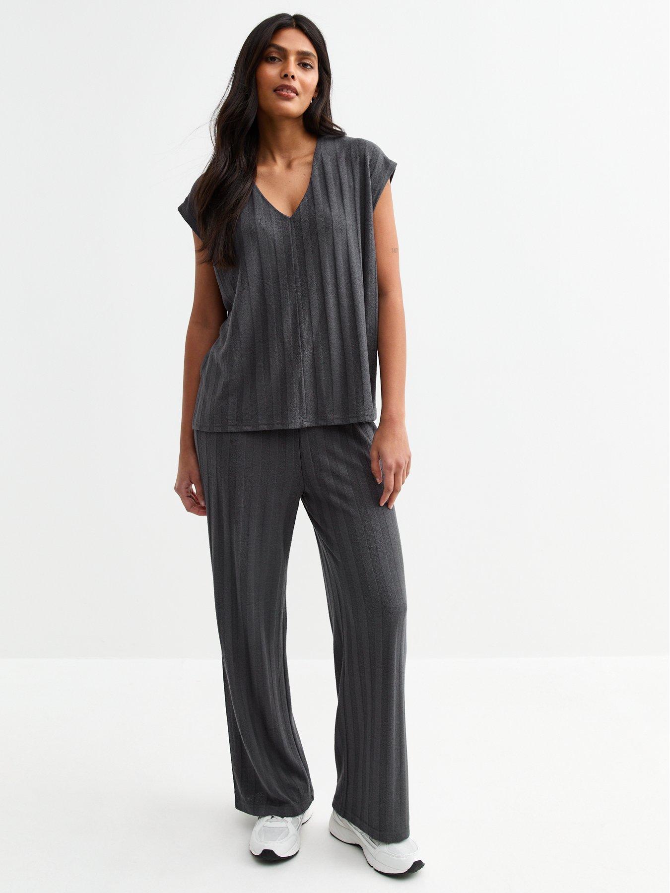 Image of New Look Dark Grey Wide Rib Relaxed Trousers