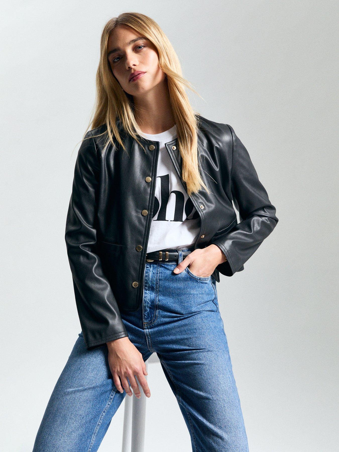 Image 1 of 5 of New Look Collarless Faux Leather Jacket - Black