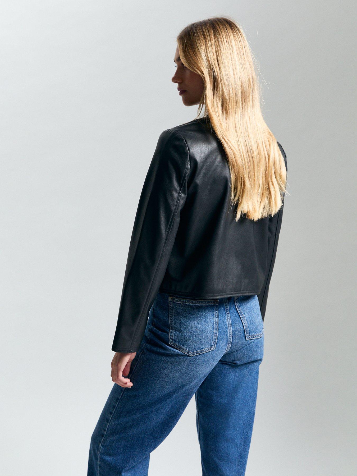 Image 2 of 5 of New Look Collarless Faux Leather Jacket - Black