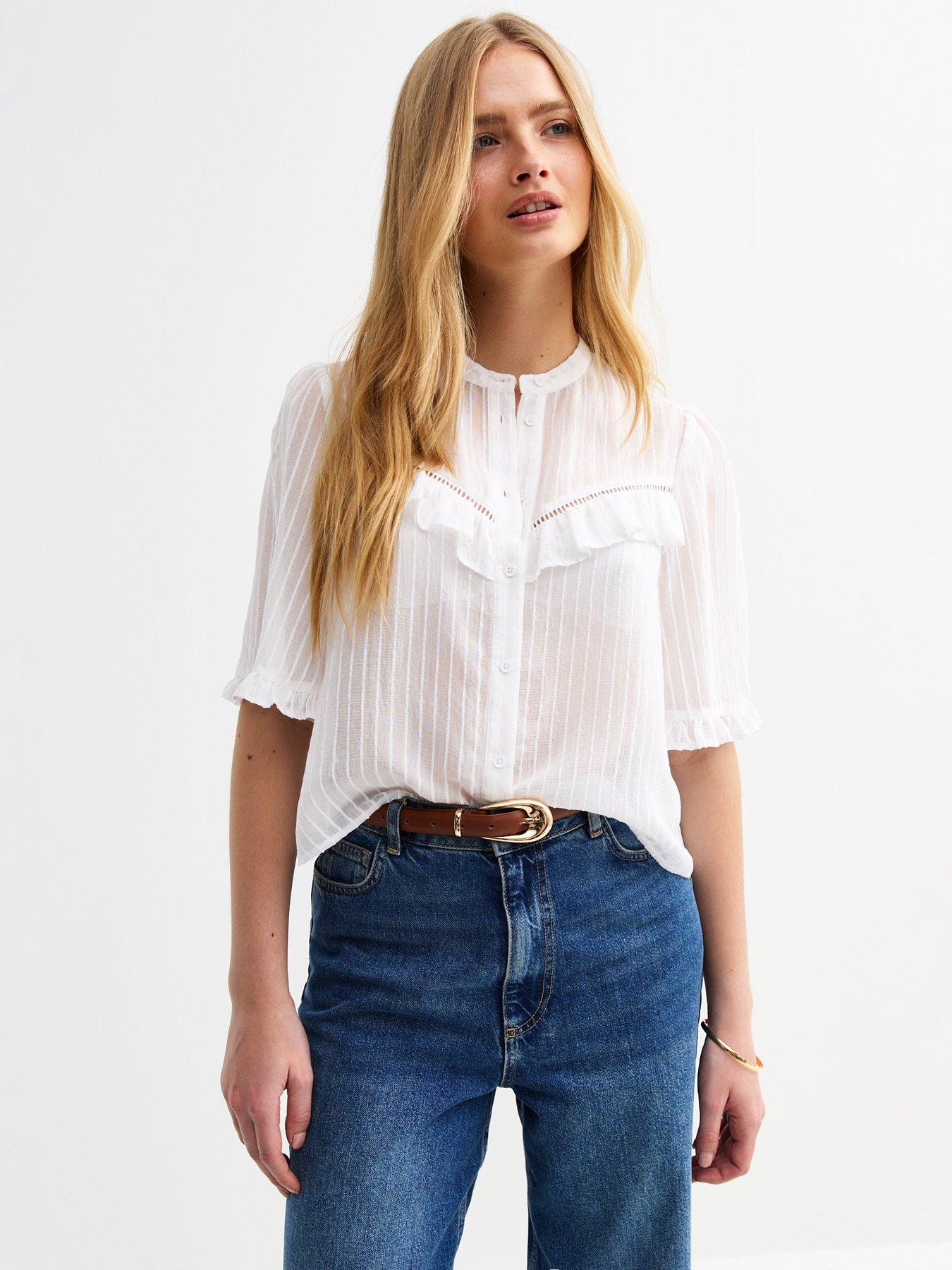 Image 1 of 6 of New Look White Semi-sheer Frill Trim Striped Shirt