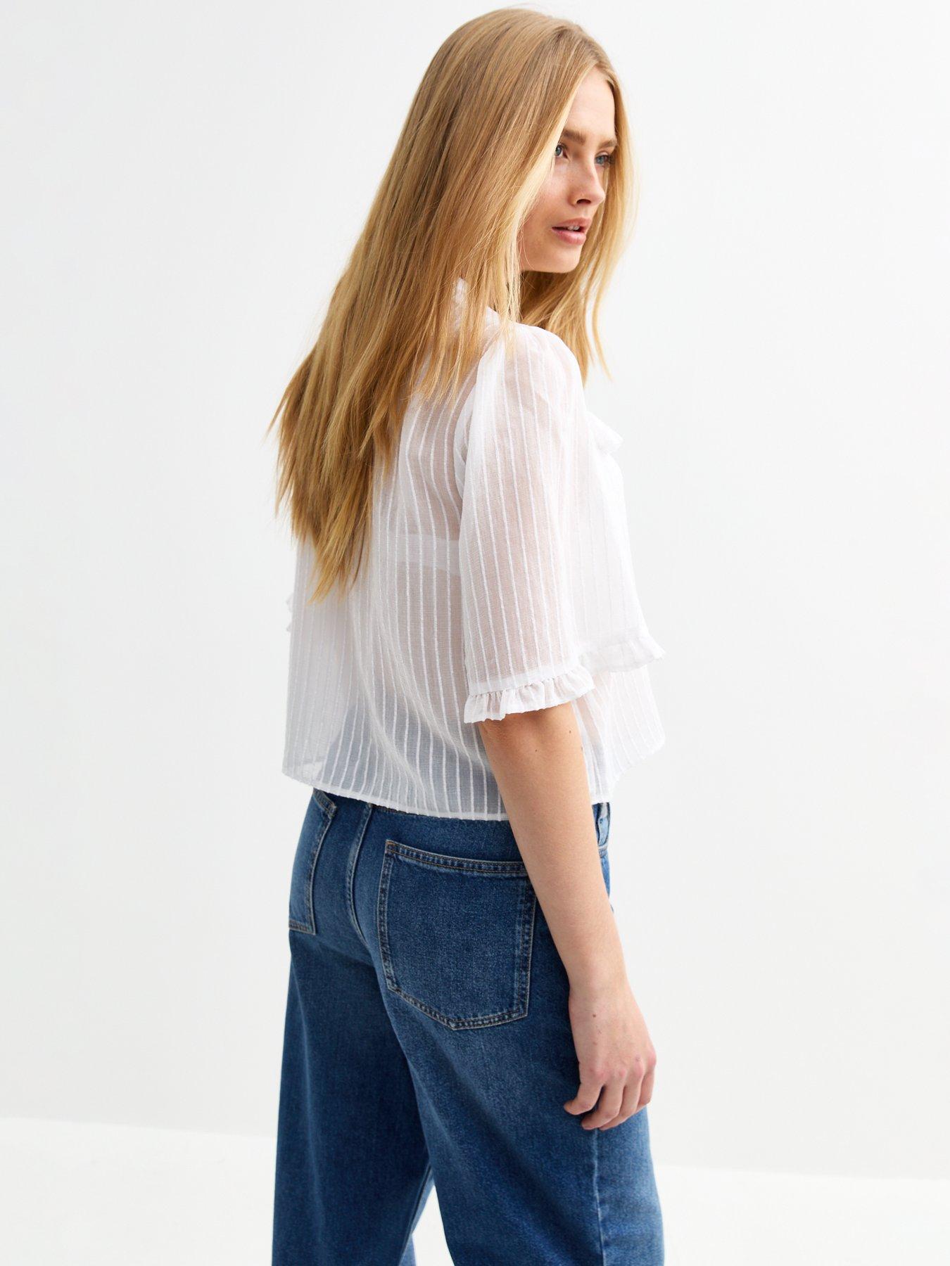 Image 2 of 6 of New Look White Semi-sheer Frill Trim Striped Shirt