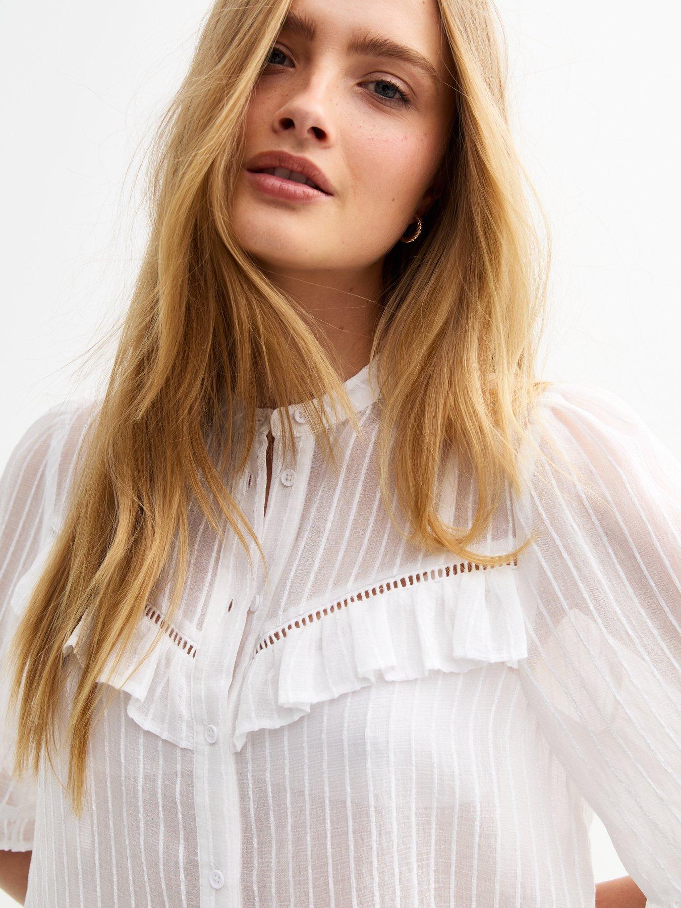 Image 4 of 6 of New Look White Semi-sheer Frill Trim Striped Shirt