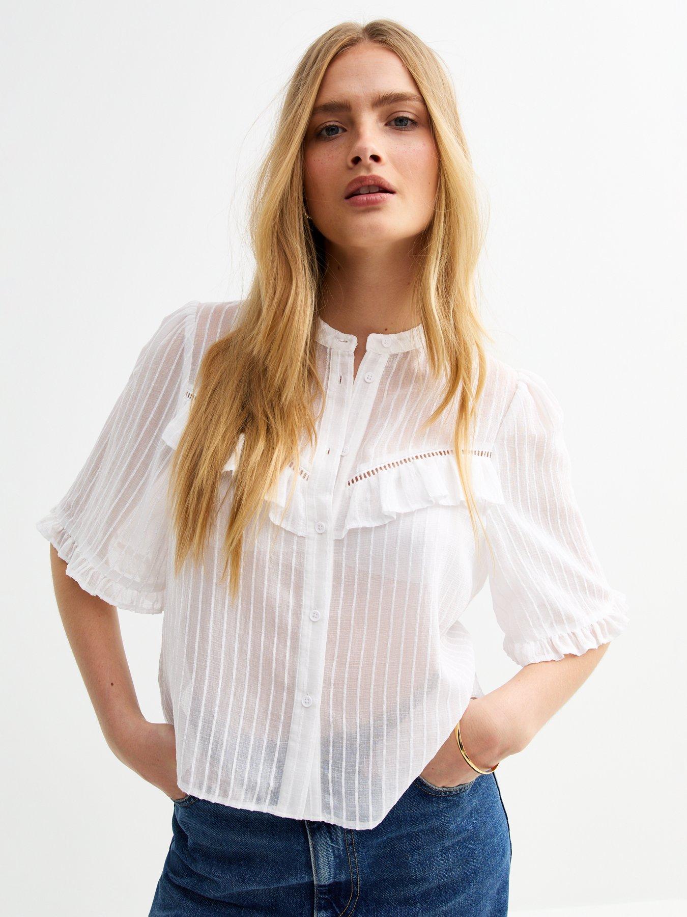 Image 5 of 6 of New Look White Semi-sheer Frill Trim Striped Shirt