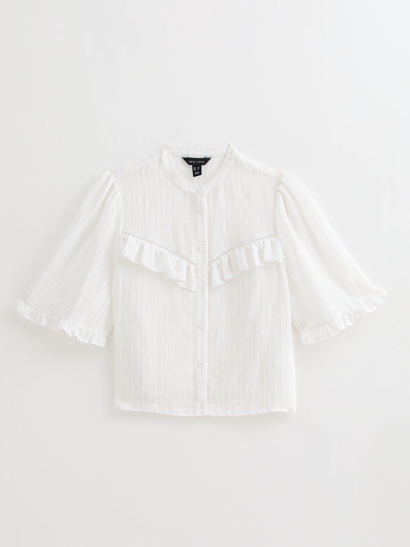 Image 6 of 6 of New Look White Semi-sheer Frill Trim Striped Shirt