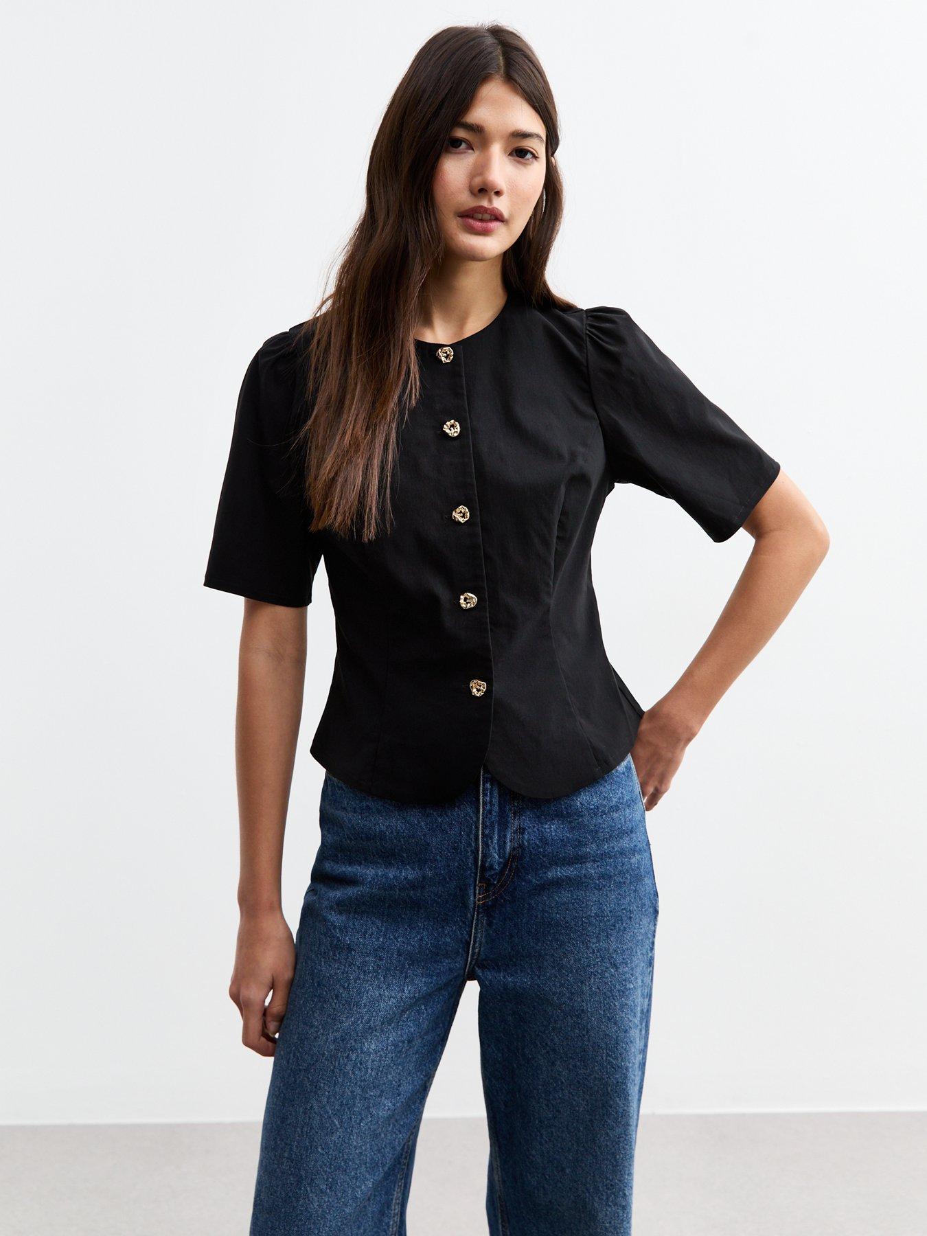 new-look-hammered-button-short-sleeve-top-black