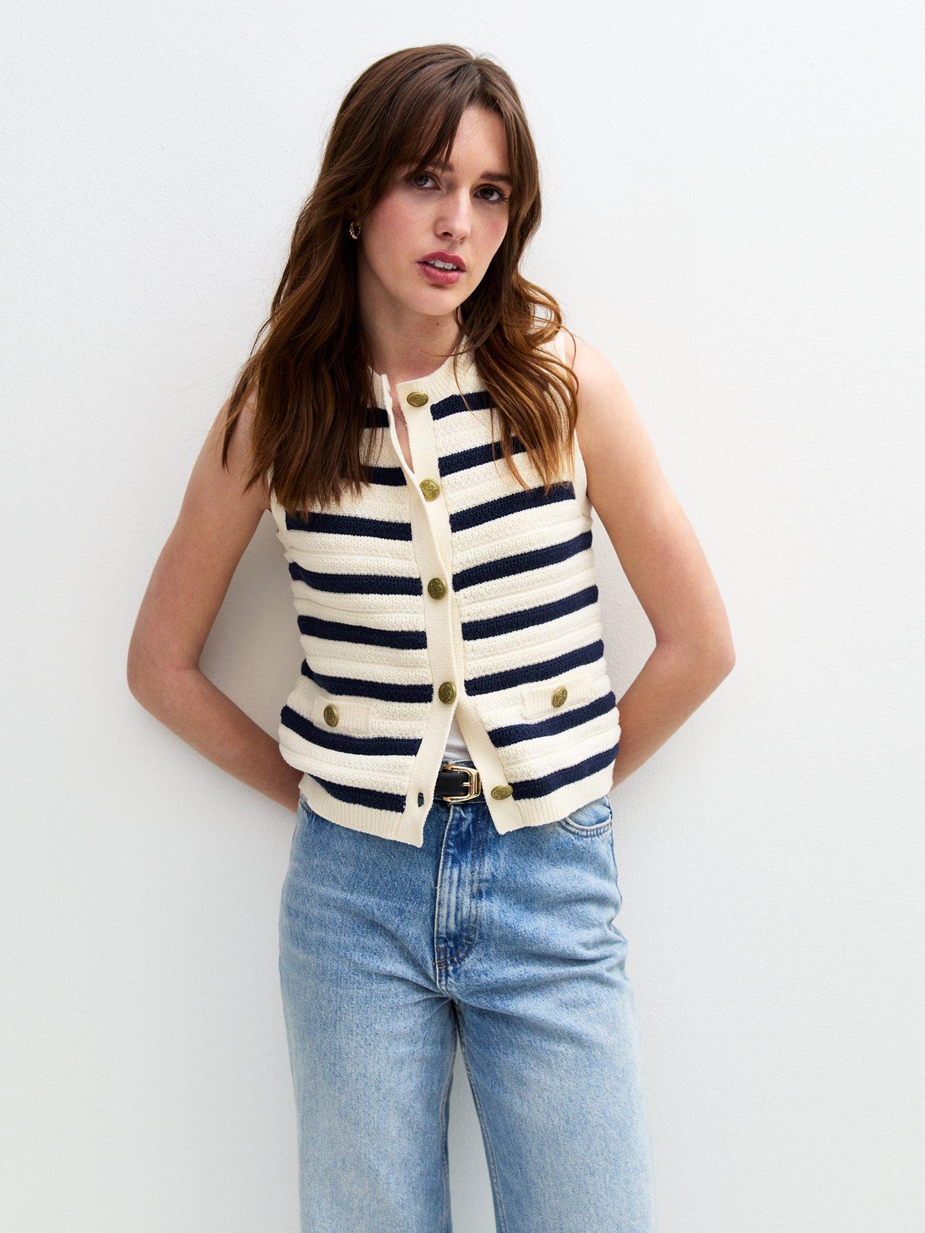 New Look Cream Striped Knitted Button Up Vest Very Ireland
