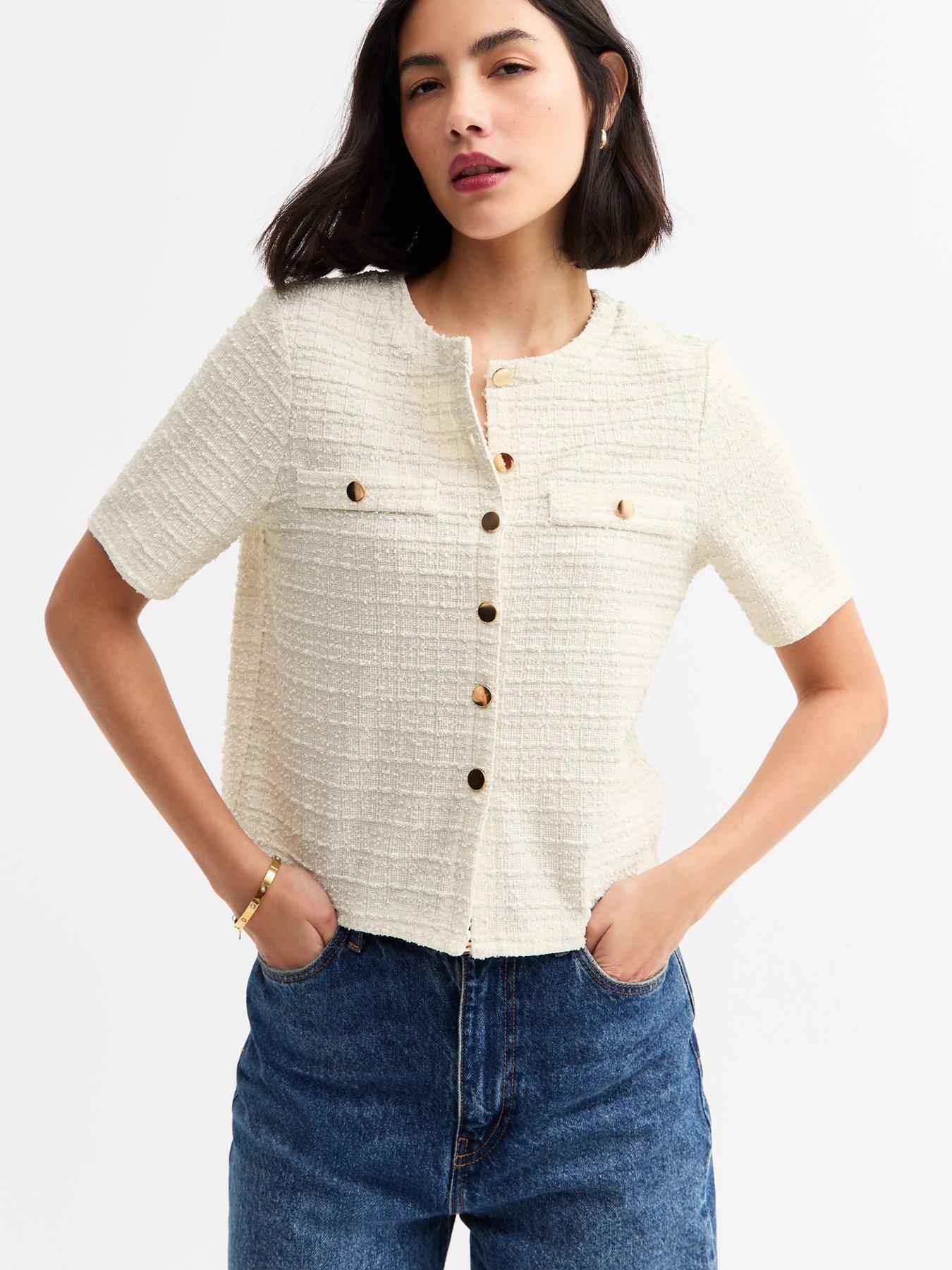 Image 1 of 4 of New Look Cream Textured Button Up Top