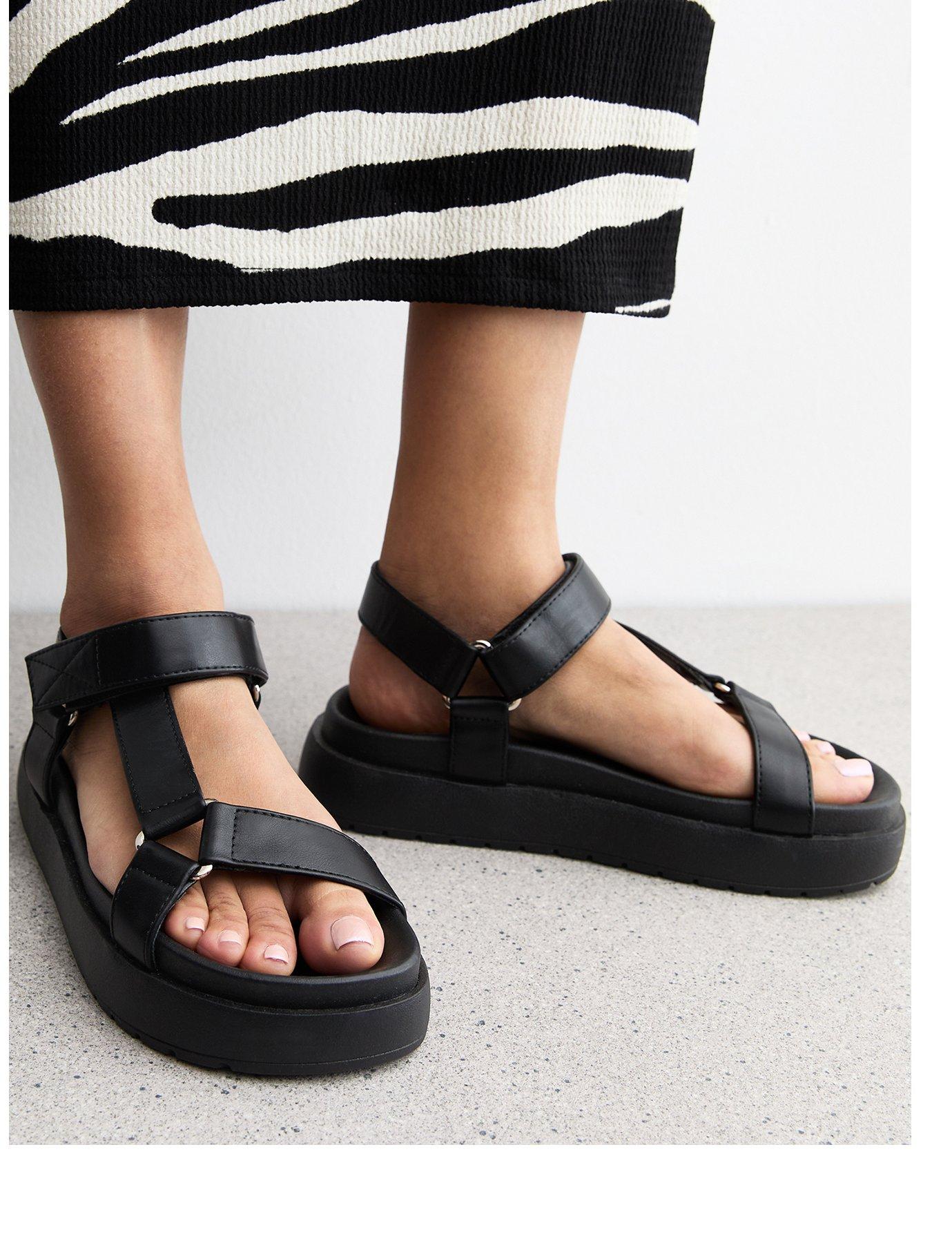 Image 2 of 6 of New Look Black Faux Leather Harness Strap Platform Sandals