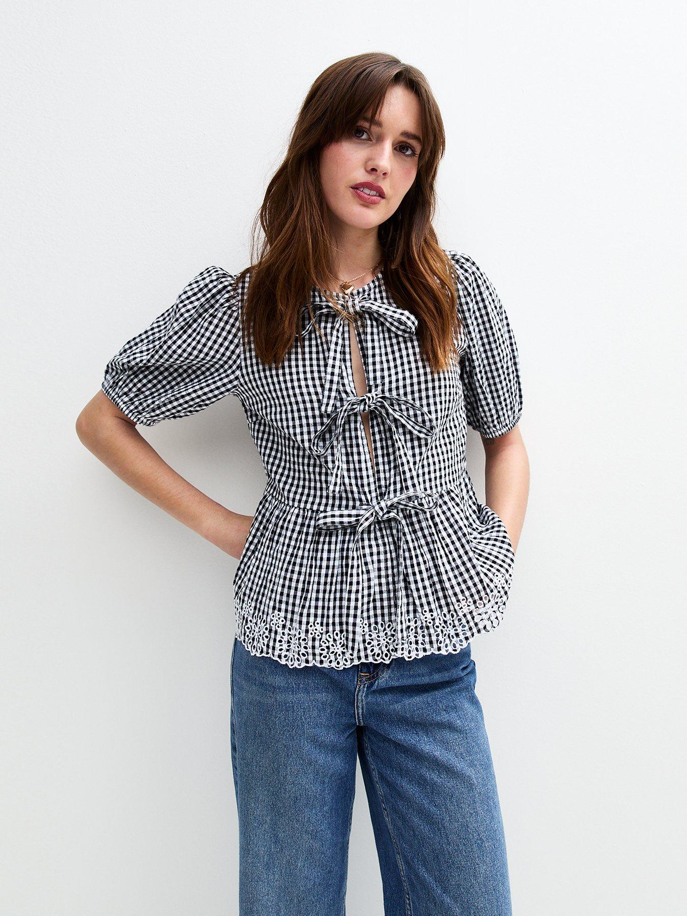 Image 1 of 5 of New Look Gingham Broiderie Hem Tie Front Top - Black