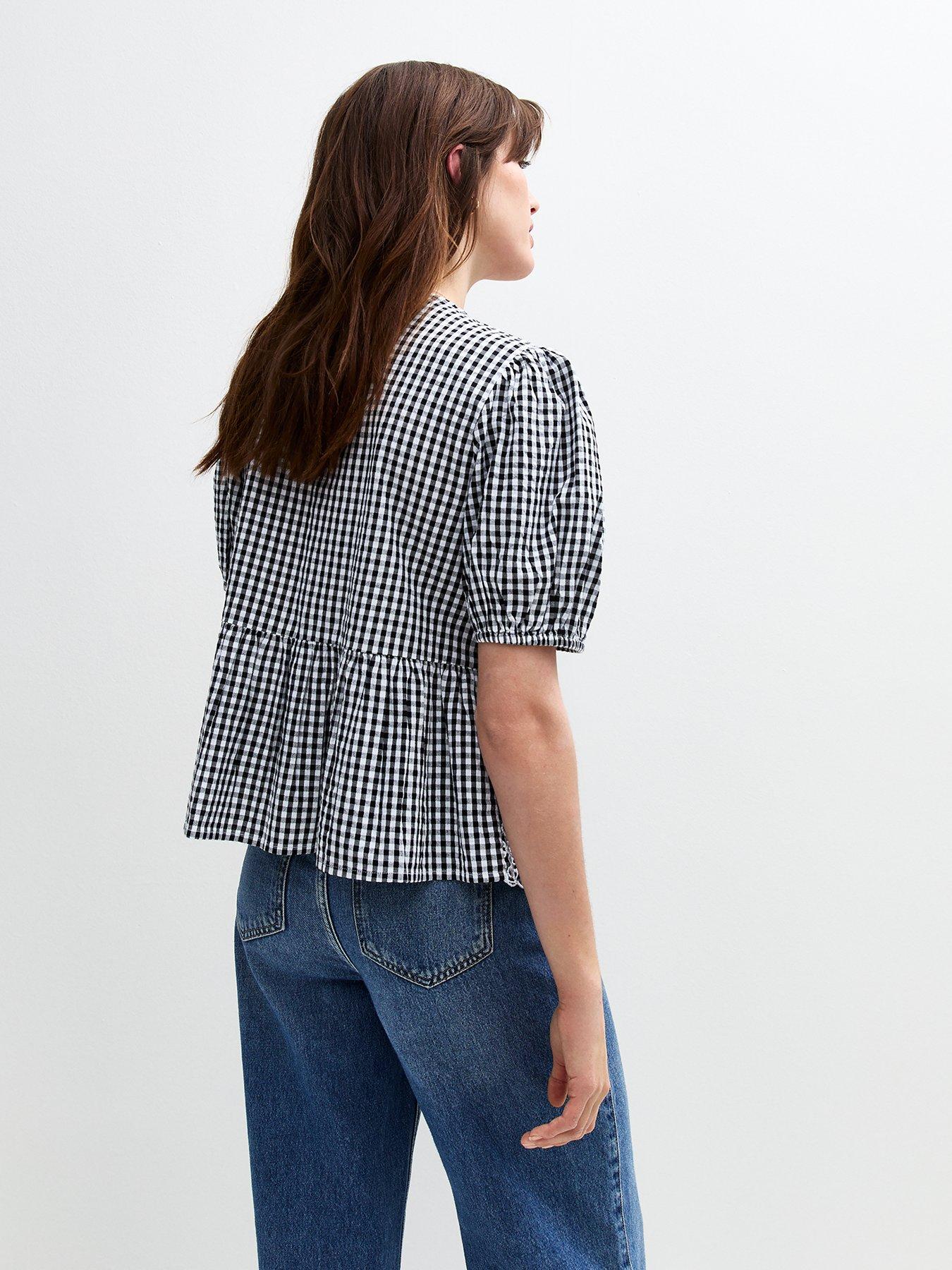 Image 2 of 5 of New Look Gingham Broiderie Hem Tie Front Top - Black