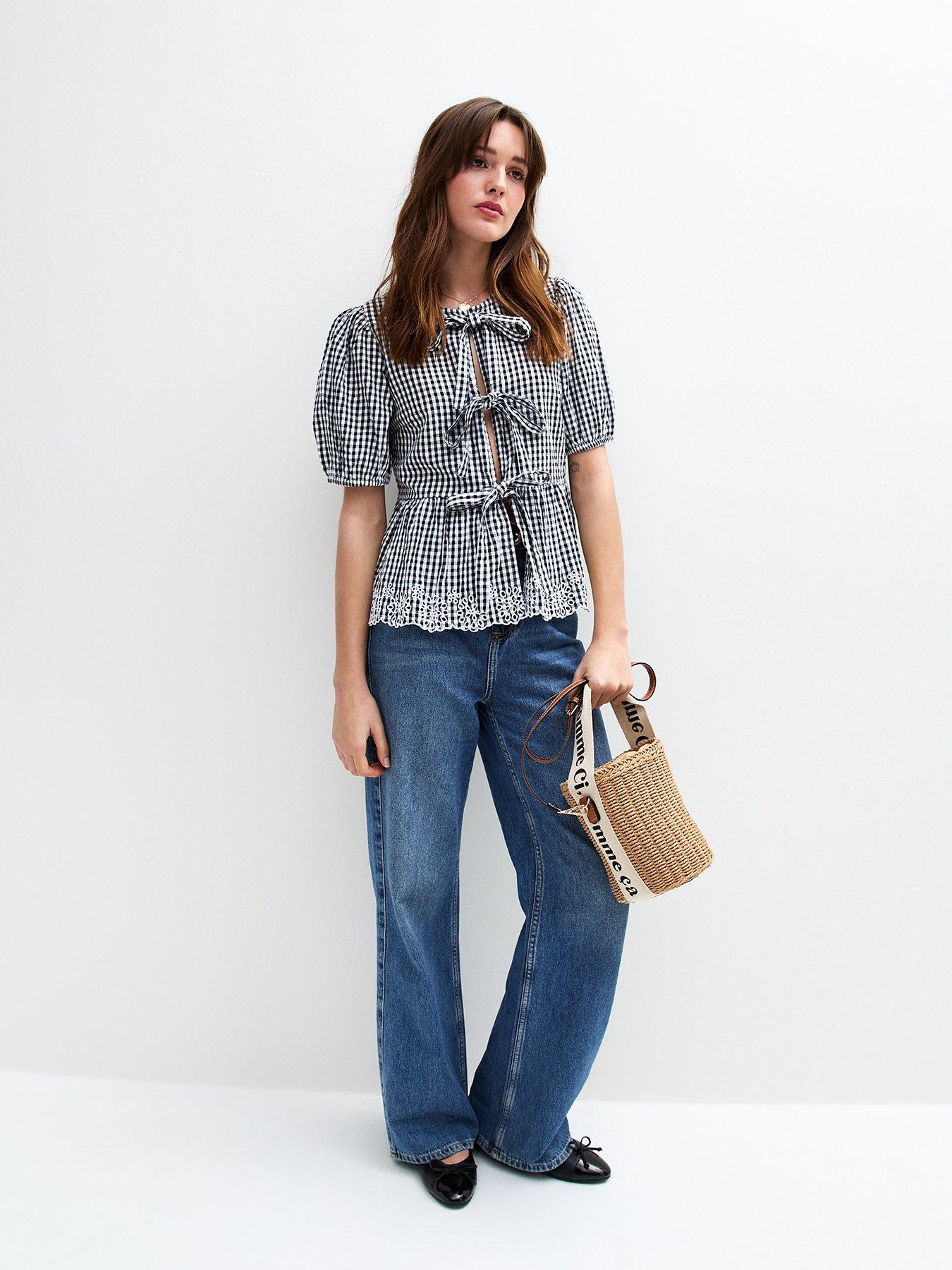 Image 3 of 5 of New Look Gingham Broiderie Hem Tie Front Top - Black
