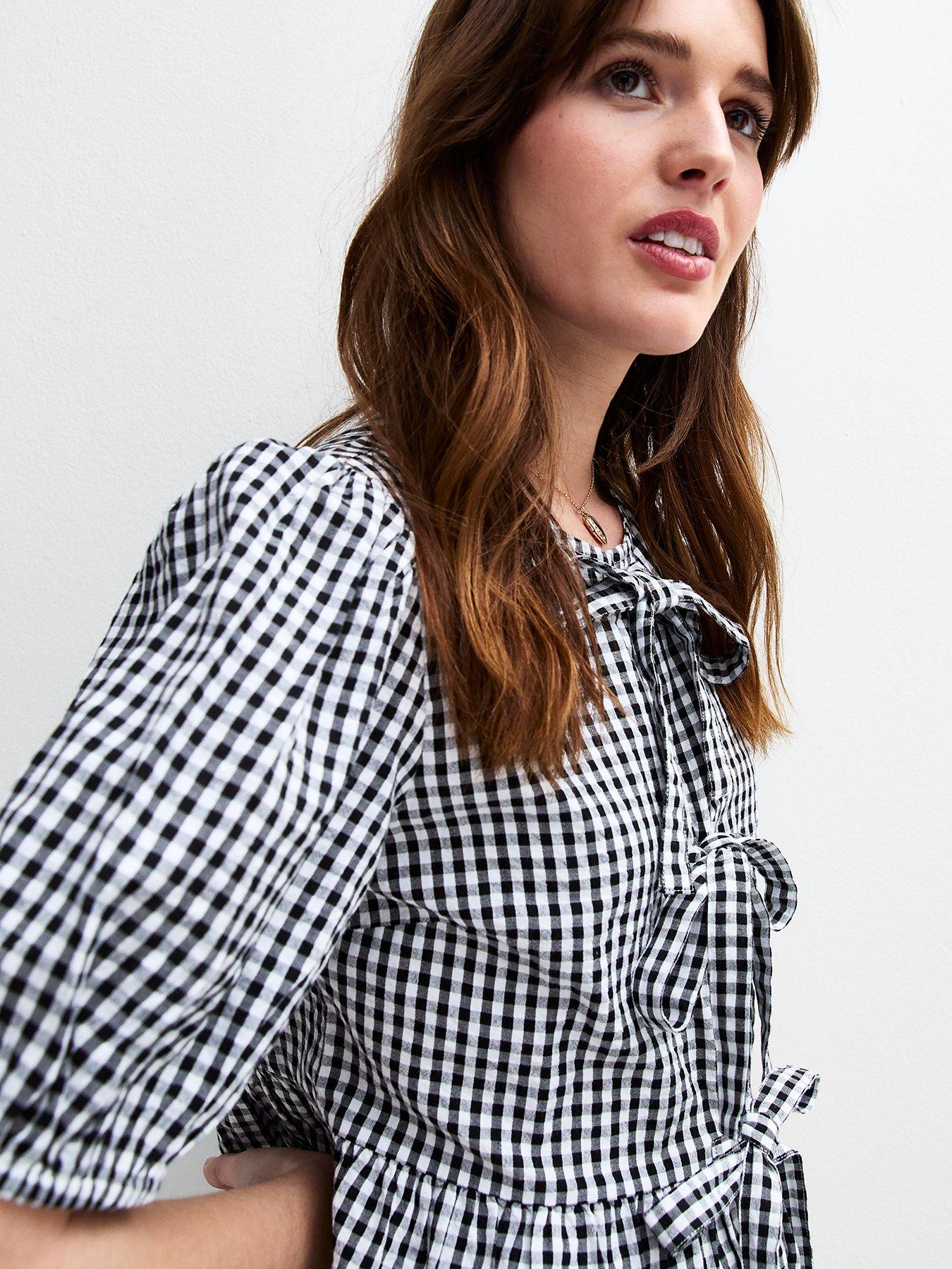 Image 4 of 5 of New Look Gingham Broiderie Hem Tie Front Top - Black