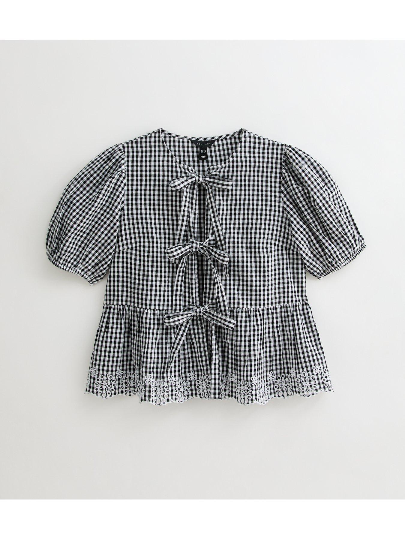 Image 5 of 5 of New Look Gingham Broiderie Hem Tie Front Top - Black