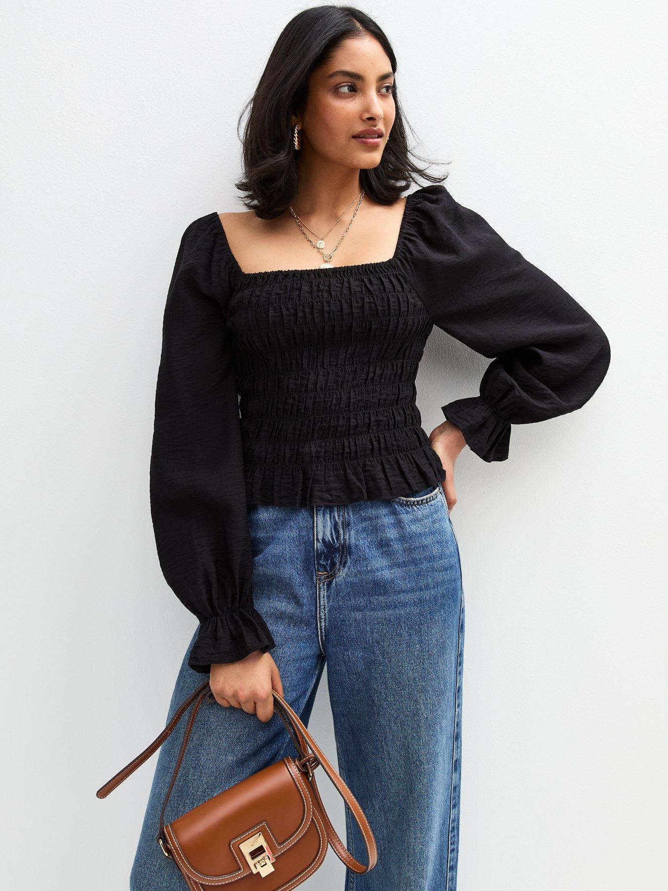 Image of New Look Shirred Long Sleeve Milkmaid Top - Black