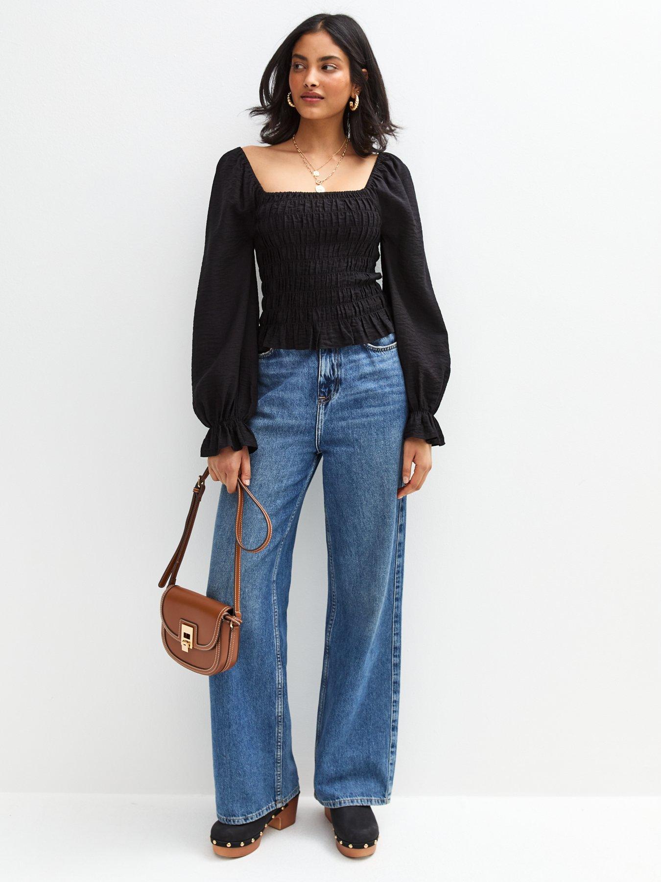 new-look-shirred-long-sleeve-milkmaid-top-blackback