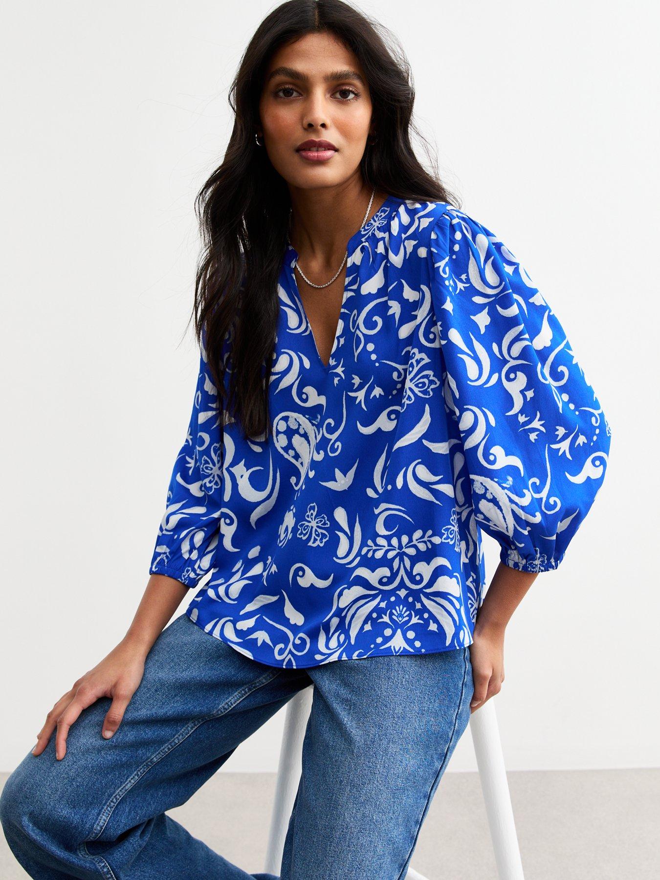 Image 1 of 4 of New Look Blue Pattern Print Top