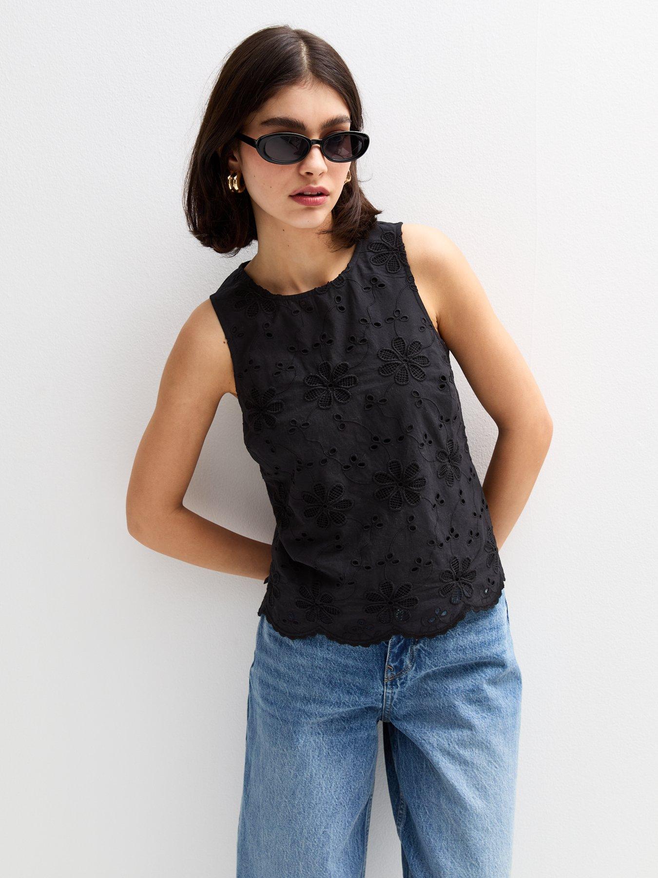 Image 1 of 6 of New Look Della Daisy Broderie Sleeveless Vest - Black