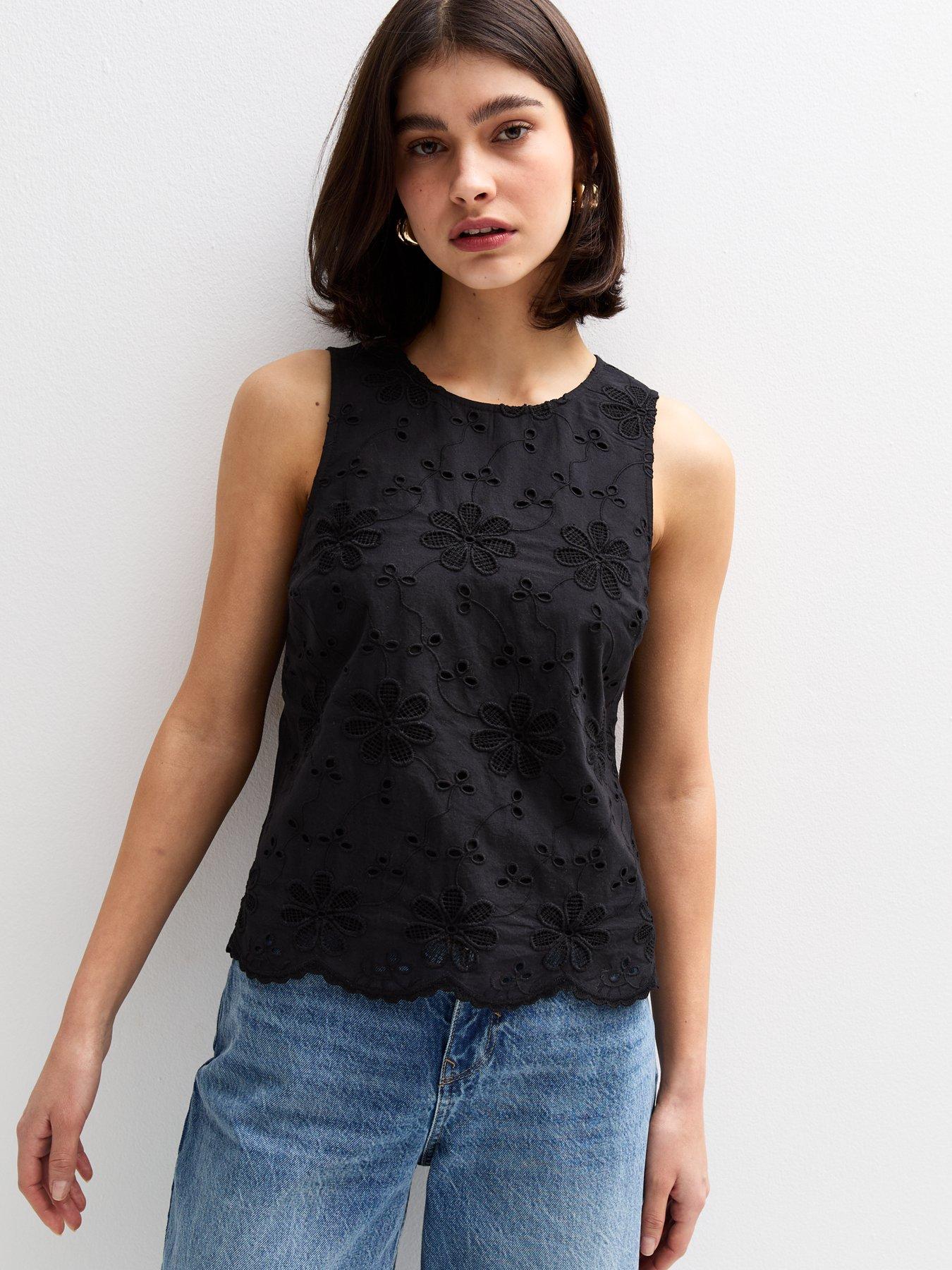Image 4 of 6 of New Look Della Daisy Broderie Sleeveless Vest - Black