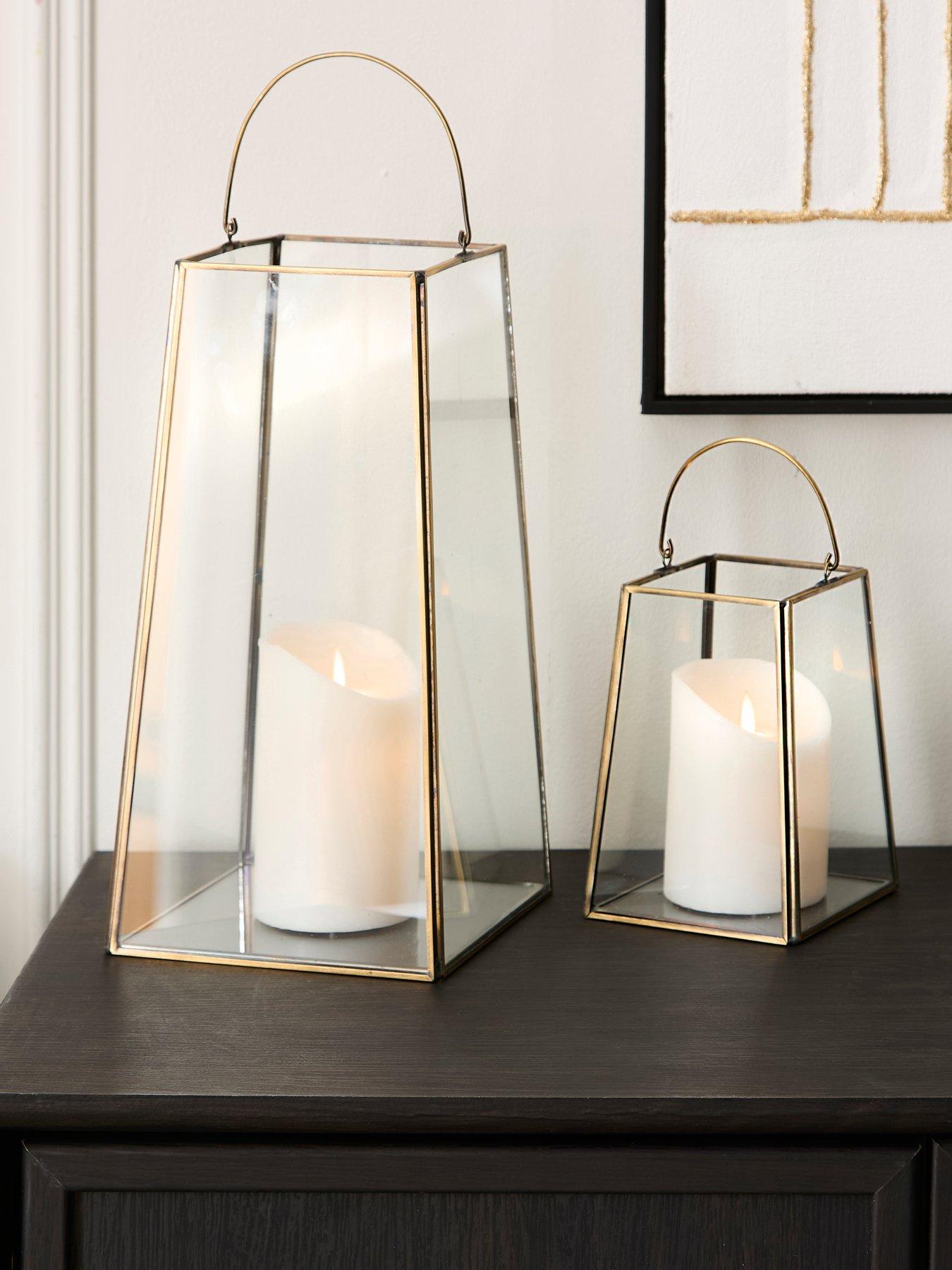 The Very Collection Set Of 2 Glass Lanterns With Brass Frame in Antique Brass