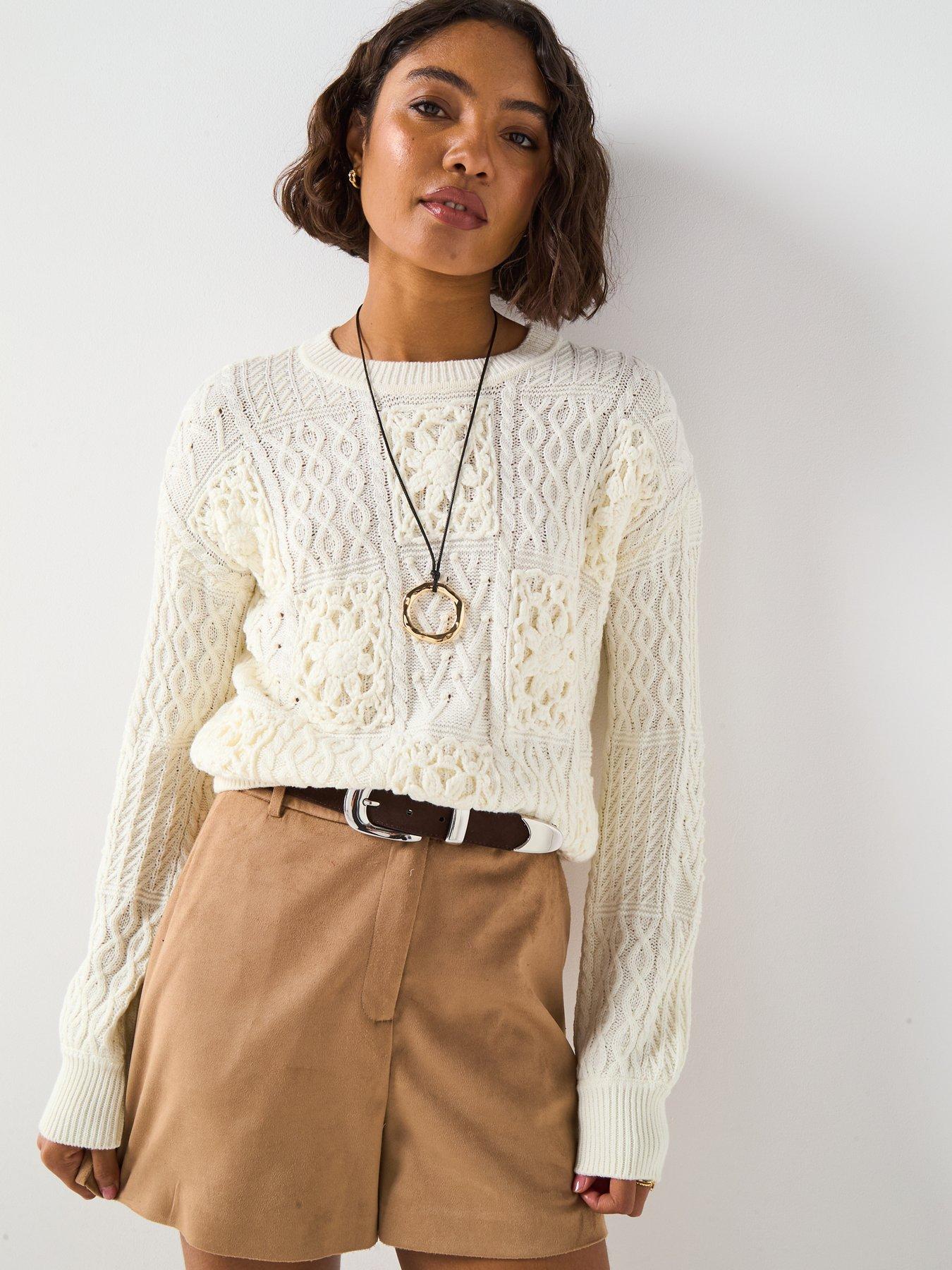 V by Very Crochet Long Sleeve Jumper - Cream