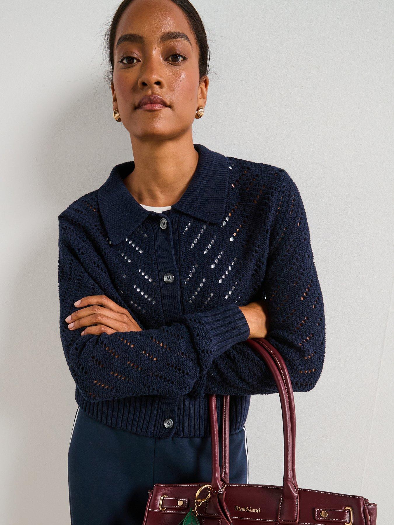 Image 4 of 6 of V by Very Open Stitch Collared Cardigan - Navy